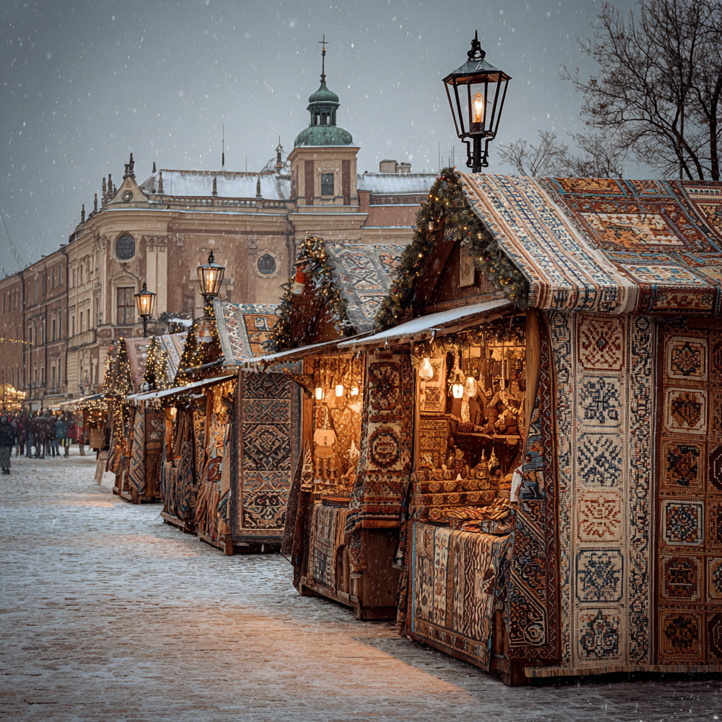 Charming Snowy Market Scene Rug Festival Photography