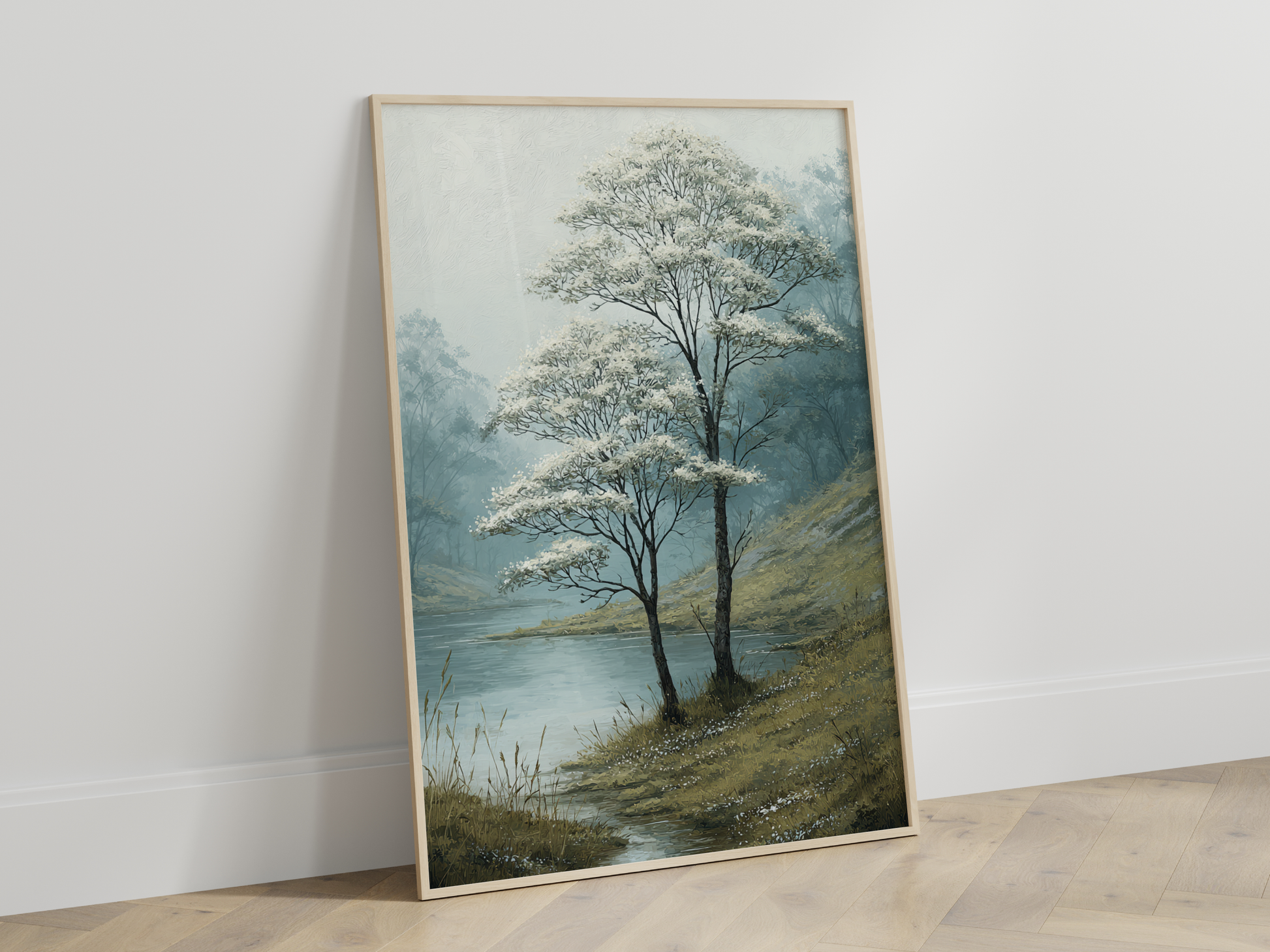 Serene Landscape Artwork of Trees by a Calm Water Body