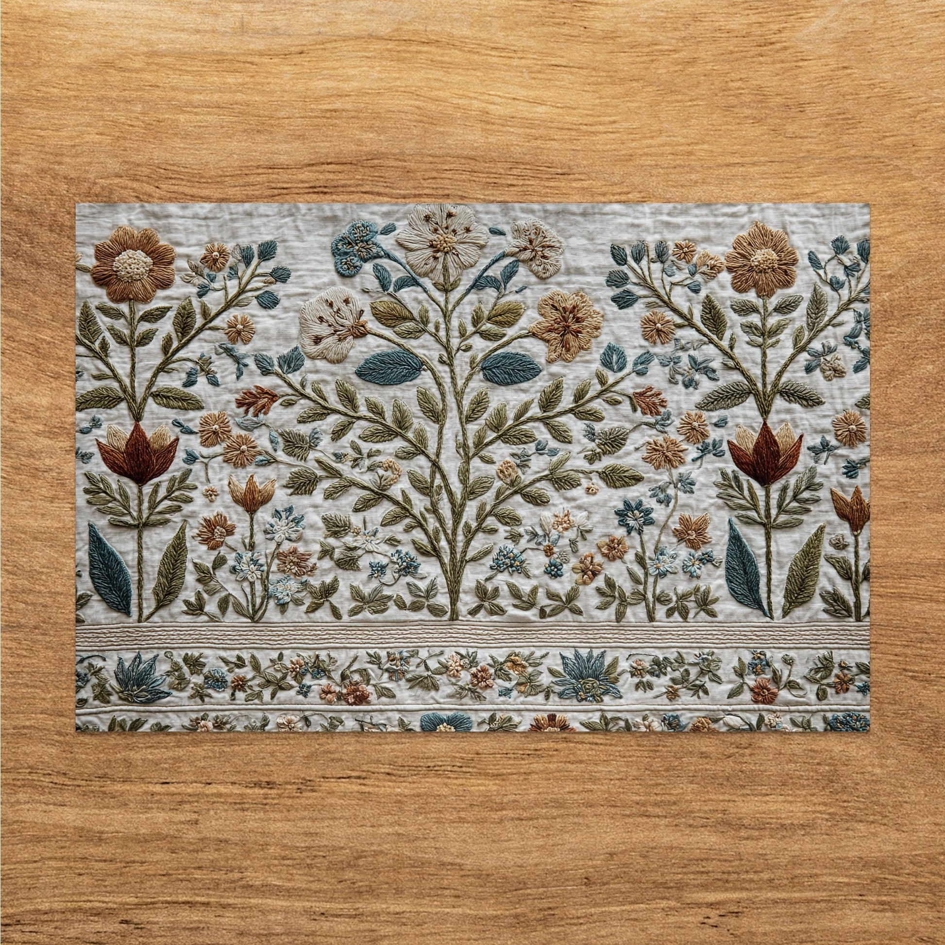 Embroidered floral tapestry with a central tree and decorative border on wood.
