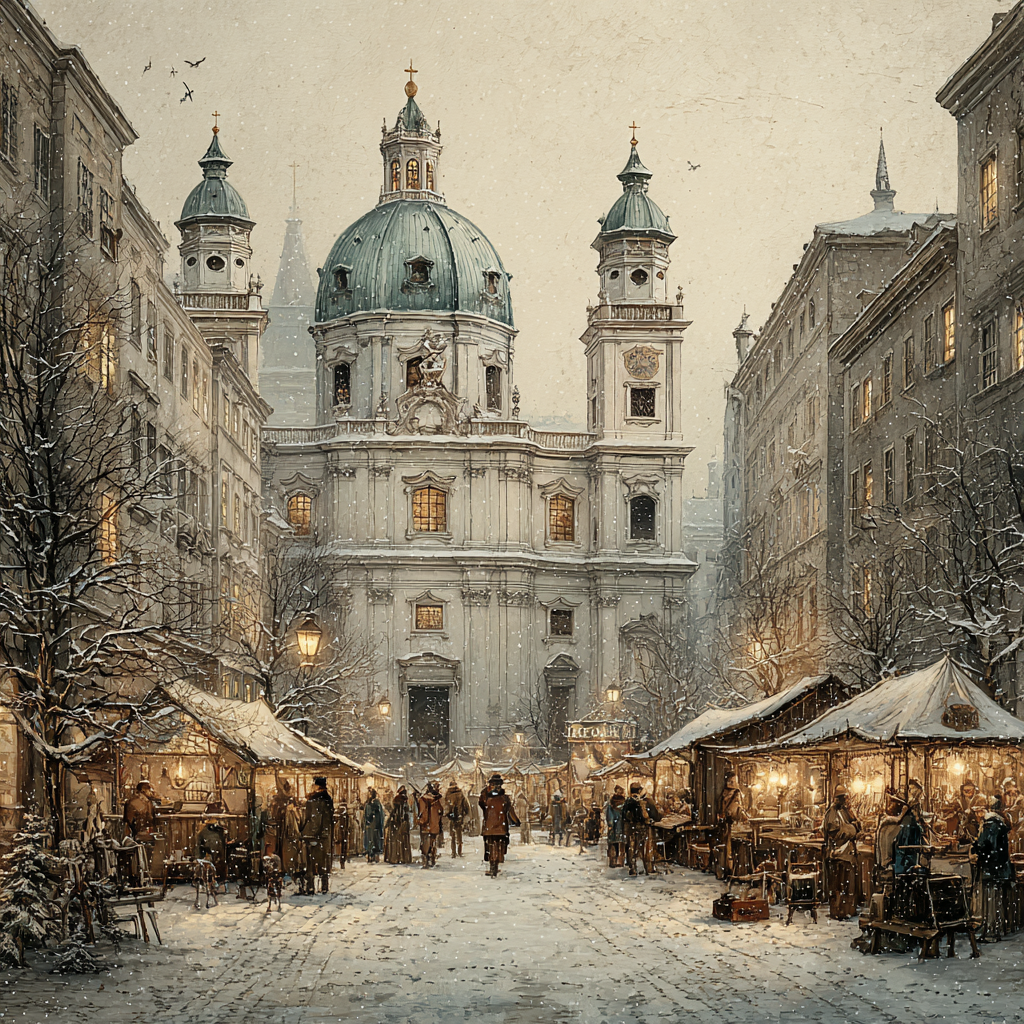 Winter Market Scene with Snowfalls Wall Art