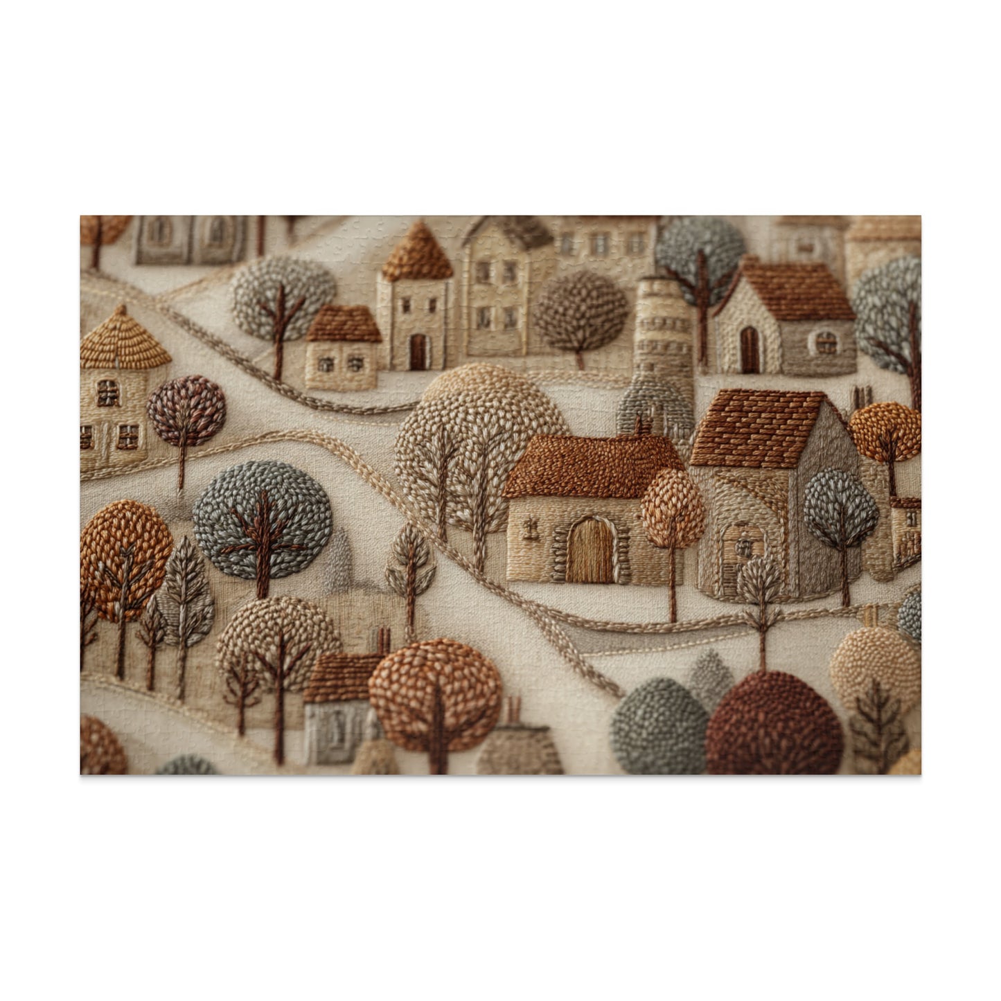 Charming Village Scene with Embroidered Landscape Art