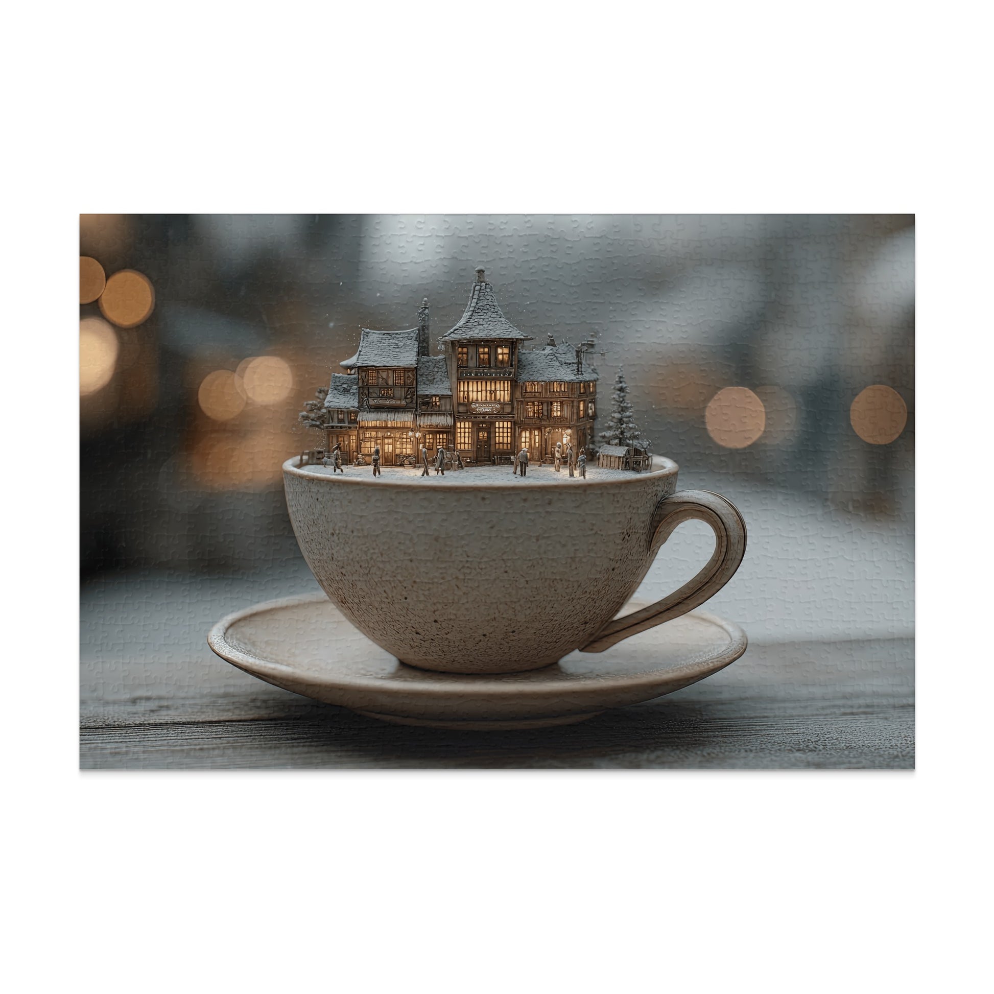 Miniature village nestled in a teacup on a saucer with bokeh background.
