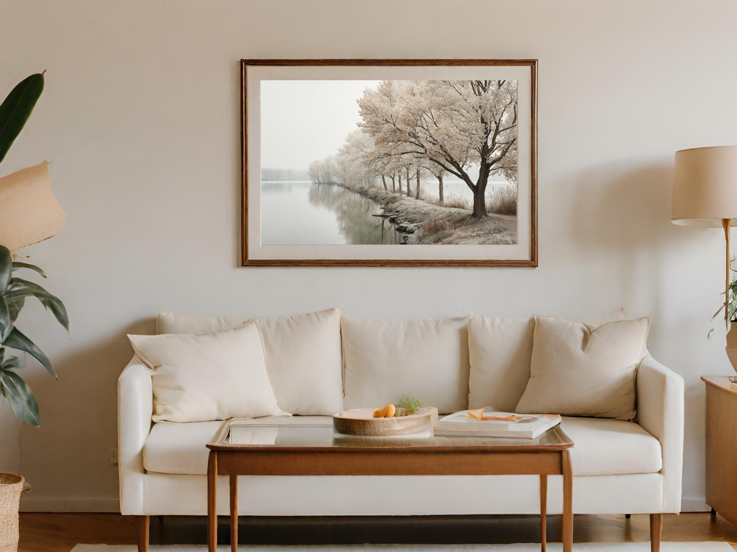 Tranquil Snowy Tree Landscape in Elegant Wood Frame Wall Art