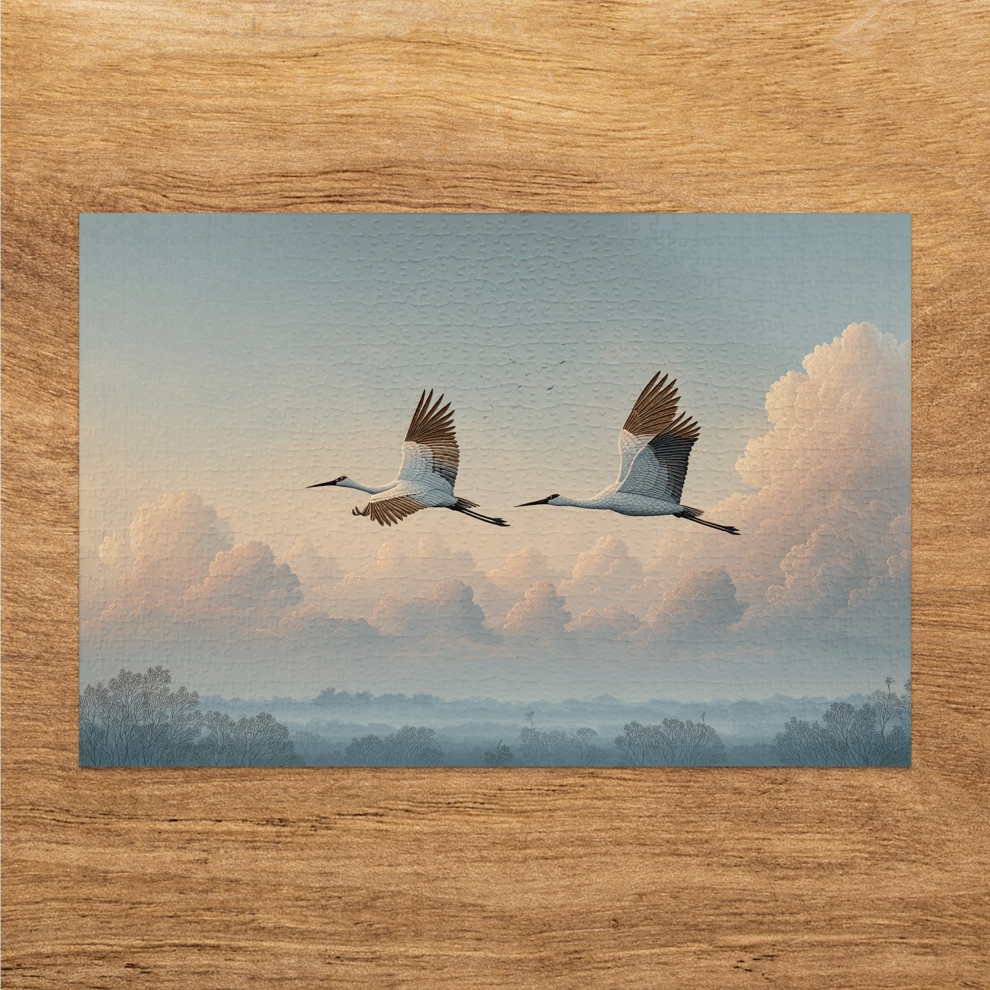 Flying Cranes Over Scenic Landscape Artwork