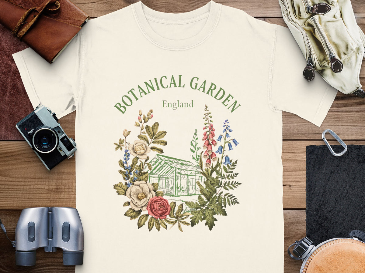 T-shirt with "Botanical Garden England" text and floral greenhouse illustration.