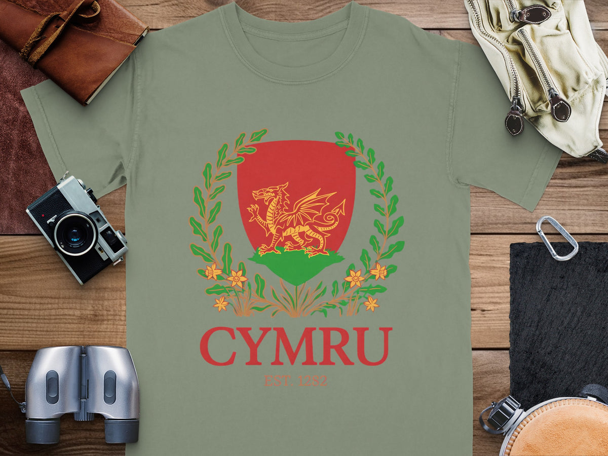 Green t-shirt with a Welsh dragon crest and the word "CYMRU".