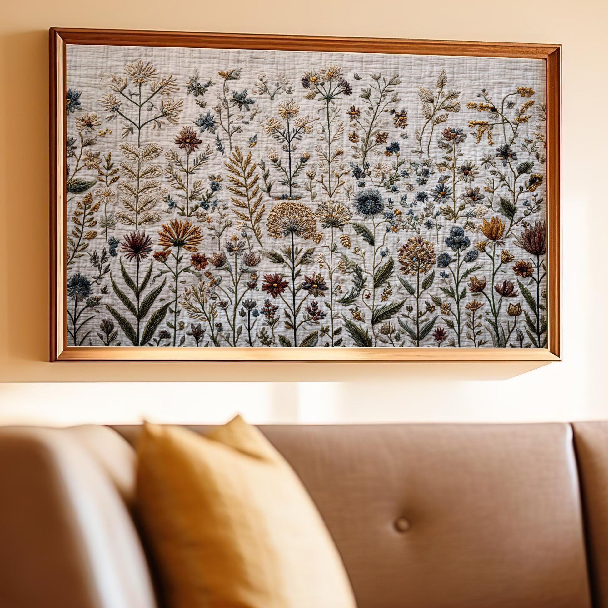 Framed floral tapestry artwork with detailed botanical illustrations above a brown leather sofa.