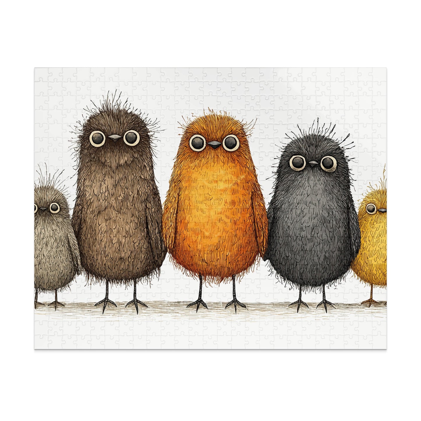 Five whimsical birds of varying colors stand in a line against a white background.