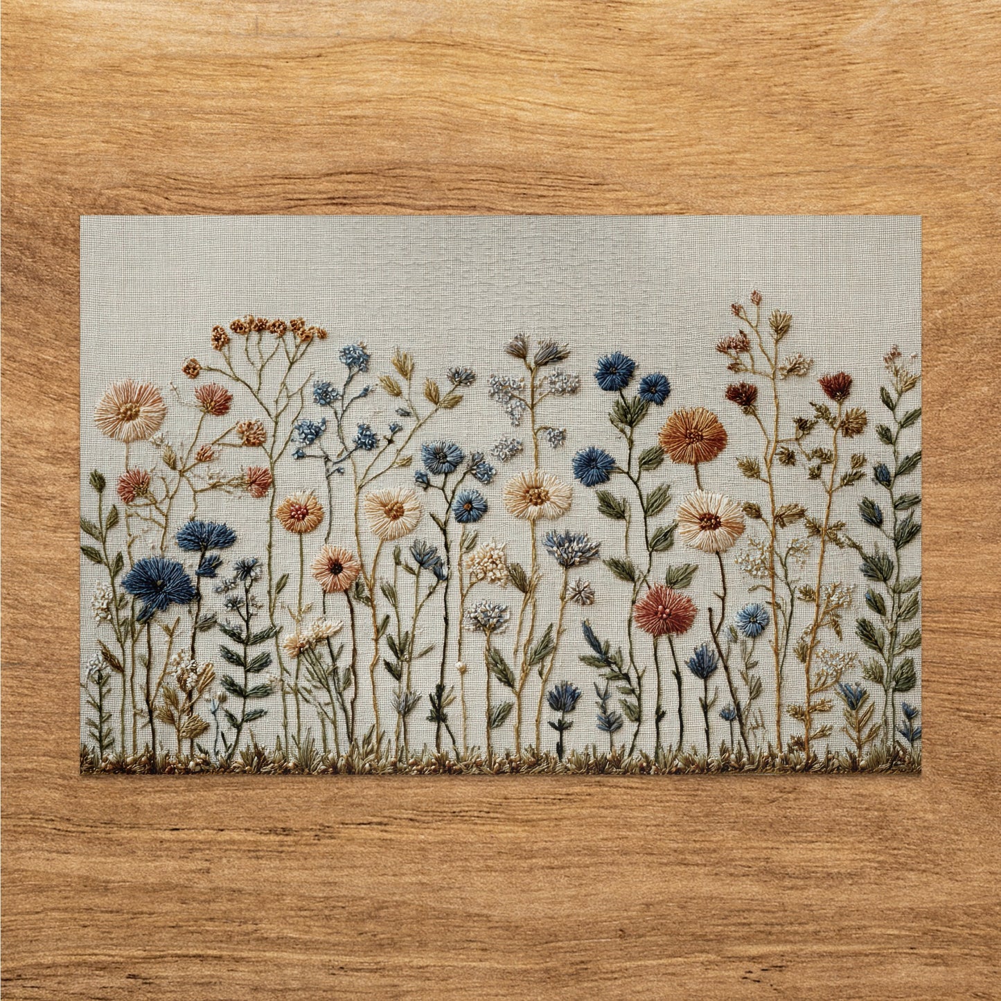 Embroidered wildflowers in blues, browns, and oranges on a linen background.