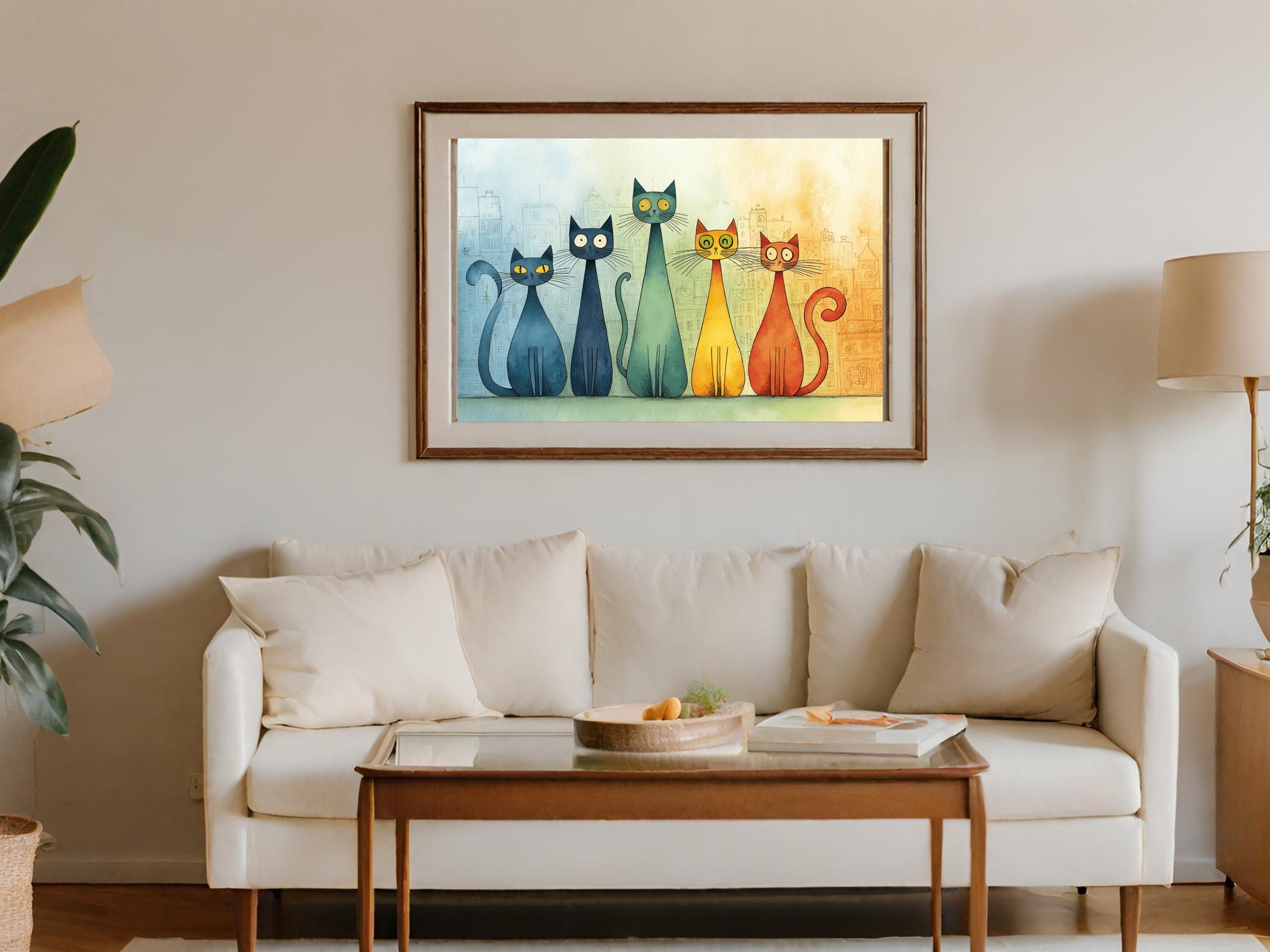 Five stylized cats in colorful watercolor on a muted background above a sofa.