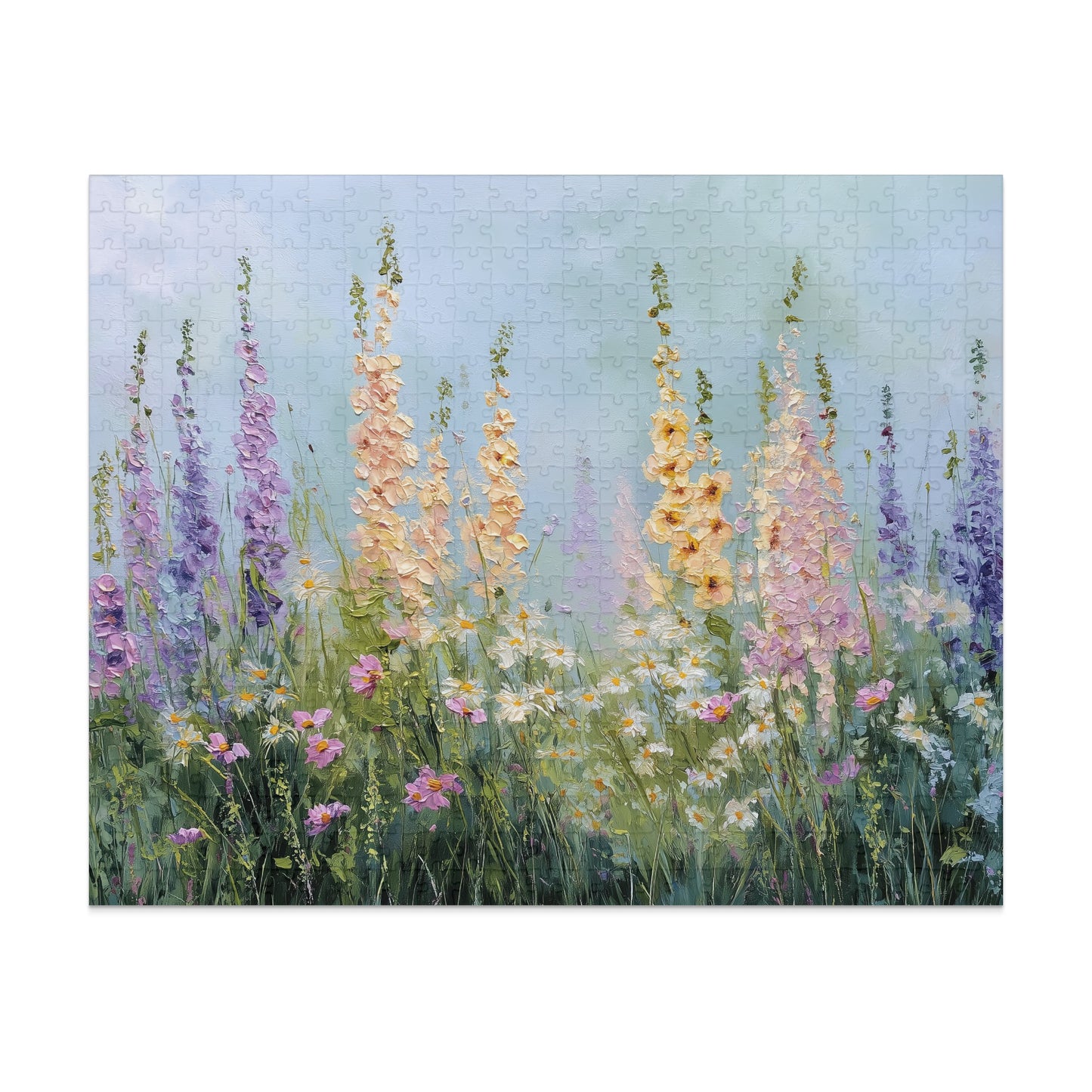 Floral painting of tall purple and yellow flowers with small white and pink flowers.