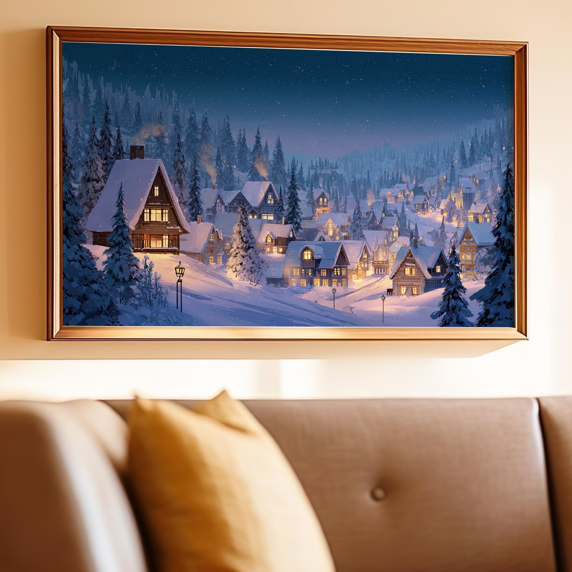 Snowy Winter Village Night Forest Glowing Houses wall art
winter scene, snowy landscape, village night, forest art, cozy house, Christmas decor, holiday season, mountain village, night sky, starry night, framed print, wall decor, home art, pine trees, festive mood, serene setting, illuminated houses, winter wonderland, cabin art, landscape painting