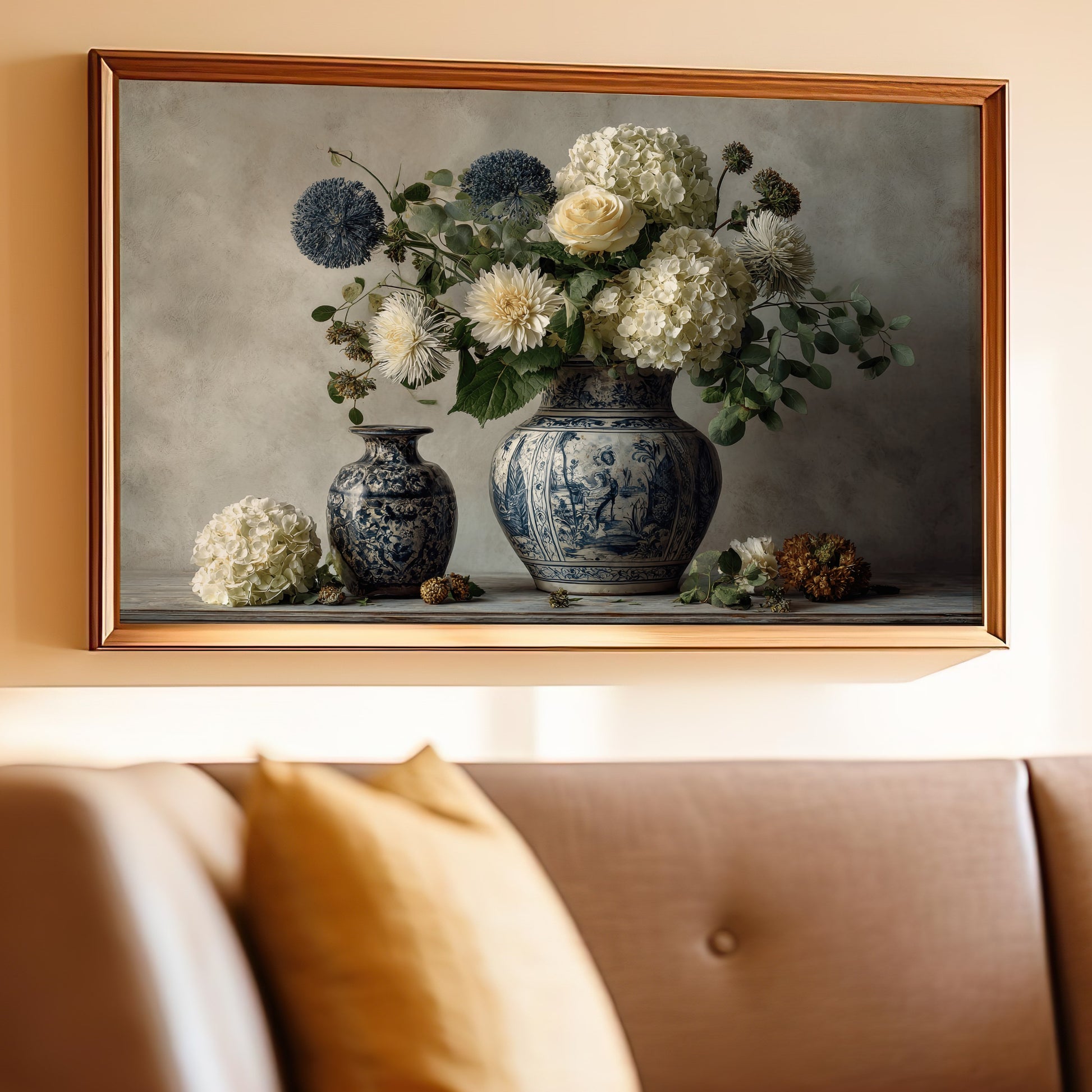 Elegant Framed Floral Art with Blue and White Vases