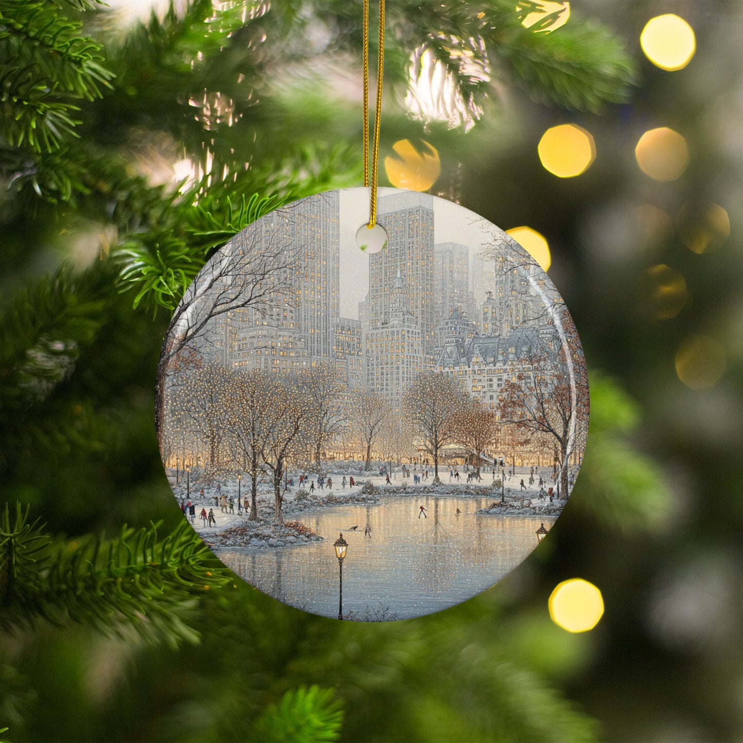 Winter Cityscape on Hanging Round Ornament