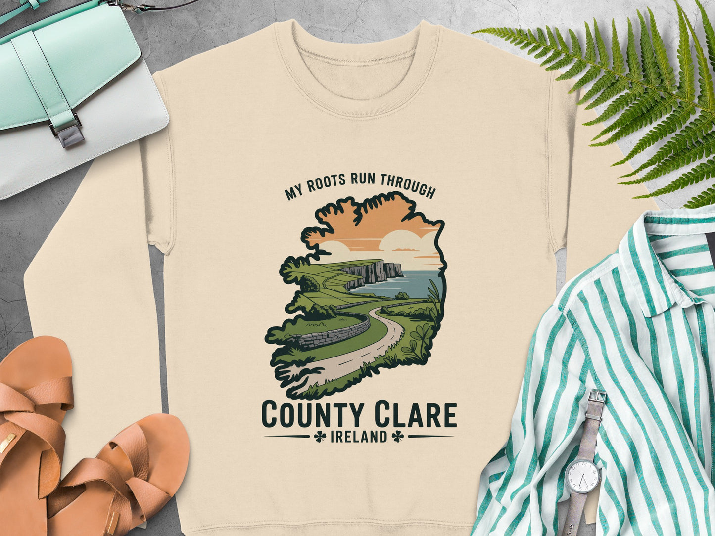 County Clare Ireland graphic and text on Sand sweatshirt