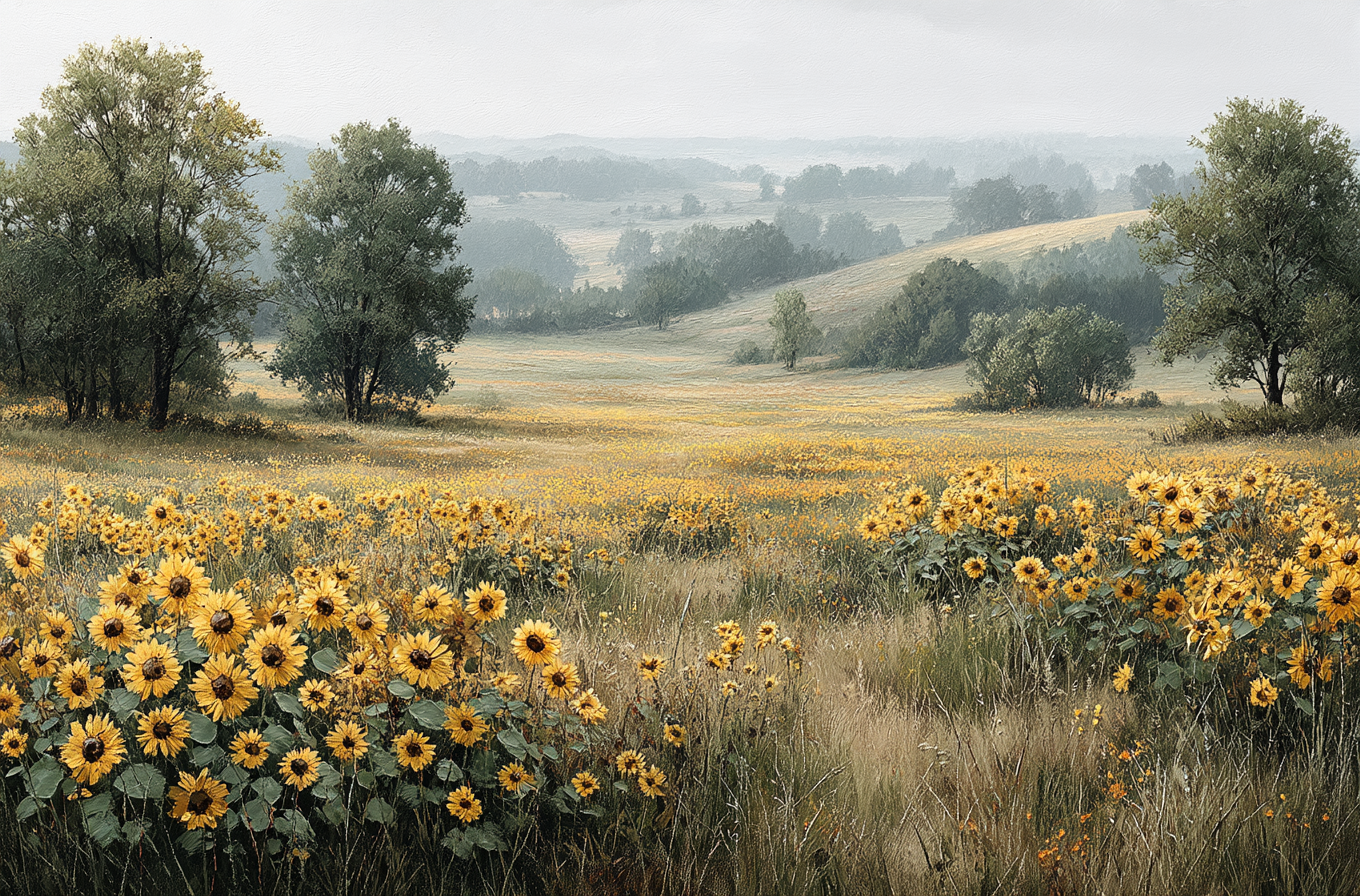Scenic sunflower field and rolling hills landscape print
