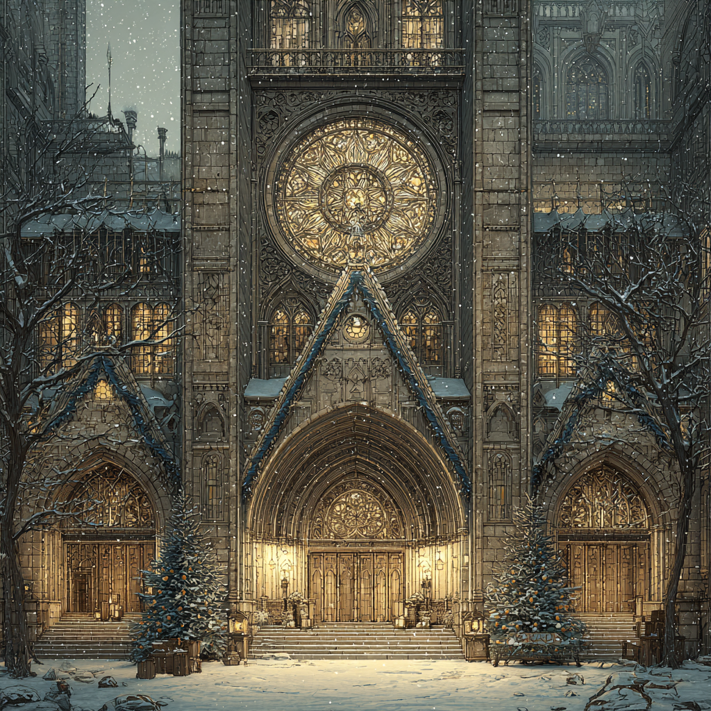 Intricate Gothic Cathedral in Winter Holiday Decoration