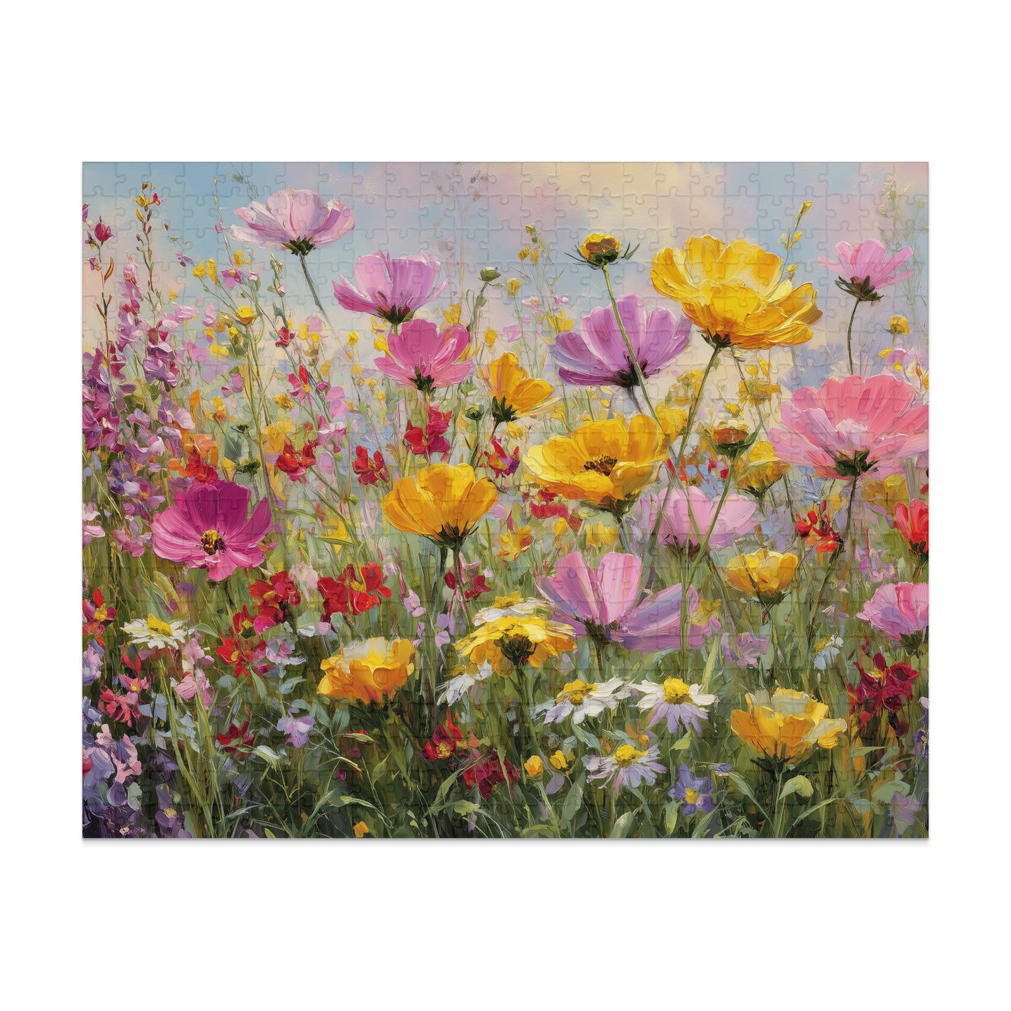 Field of colorful wildflowers, pink, yellow, and red, with a soft blue sky.