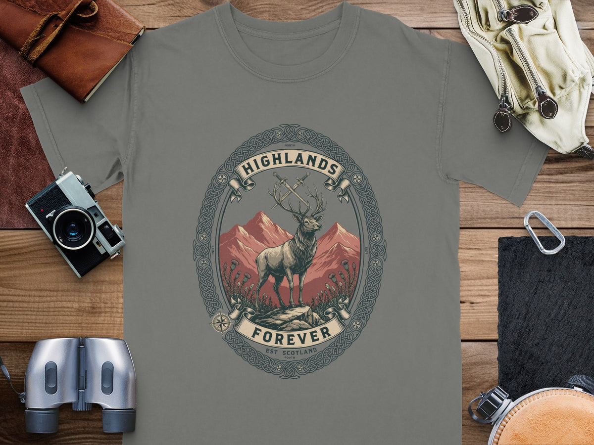 T-shirt graphic: Stag with swords, "Highlands Forever Est Scotland" text.