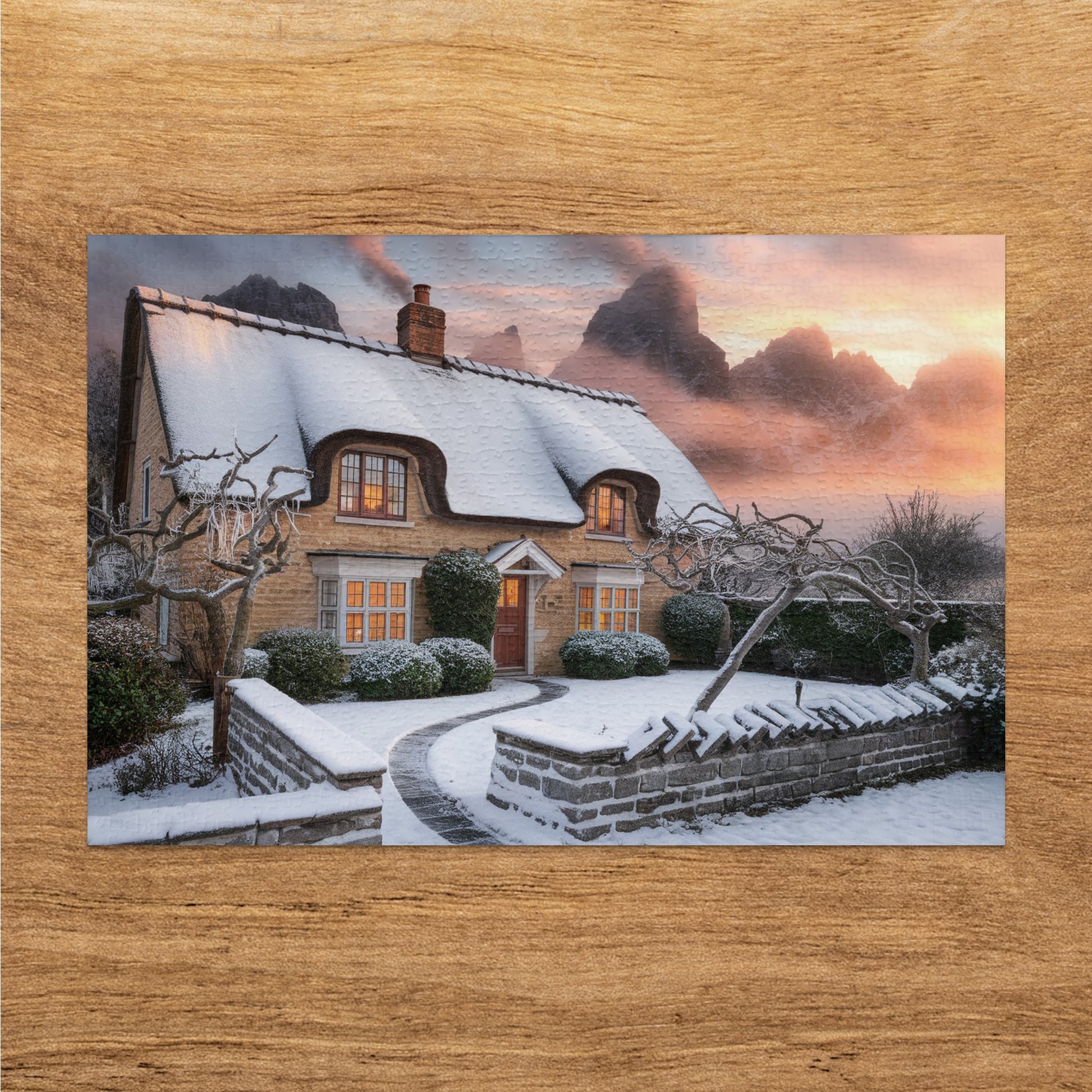 Cozy thatched cottage covered in snow with smoking chimney at sunset.