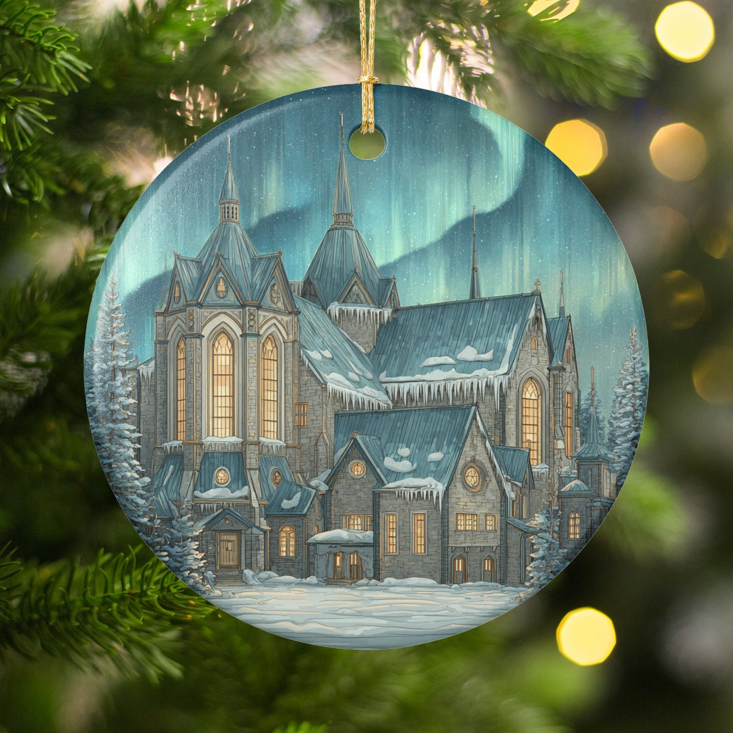 Snowy Gothic Church Scene Ornament For Holiday Decor