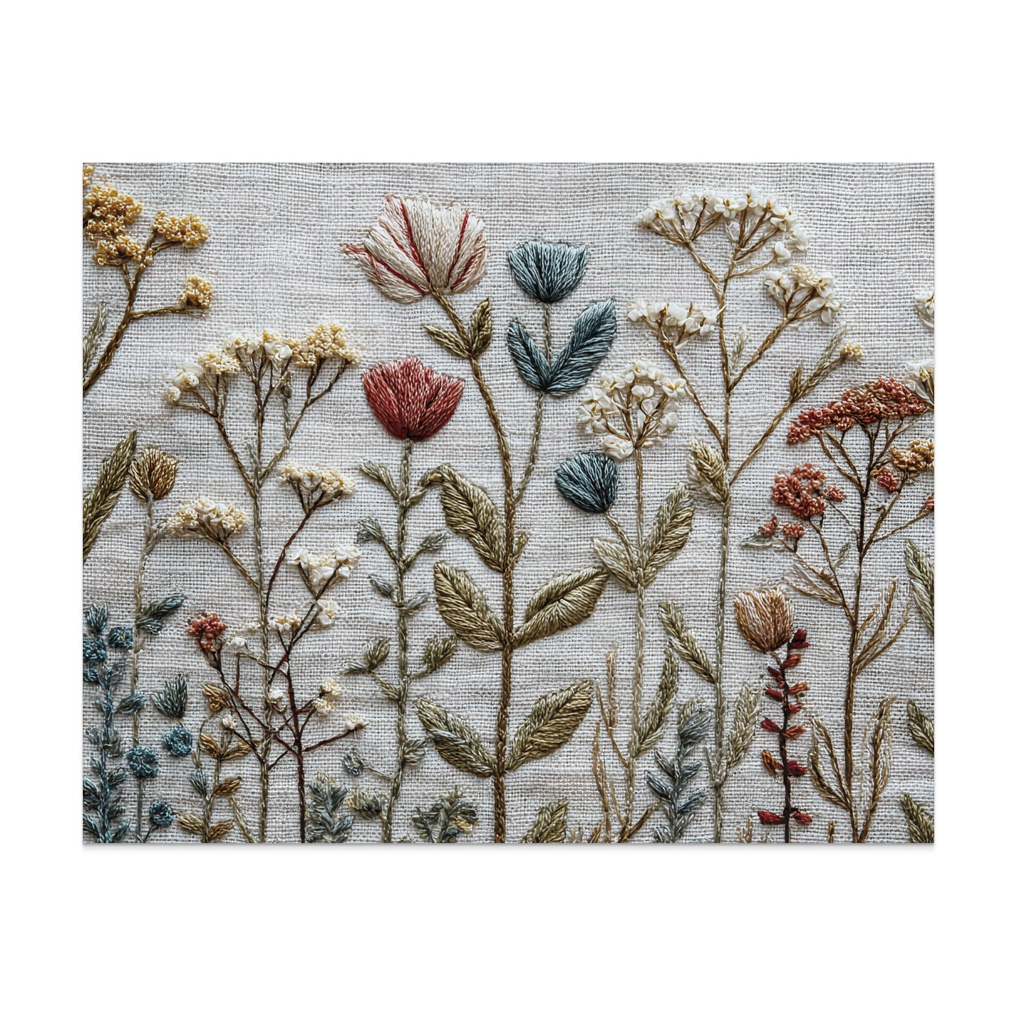 Embroidery of wildflowers and grasses on textured linen fabric.