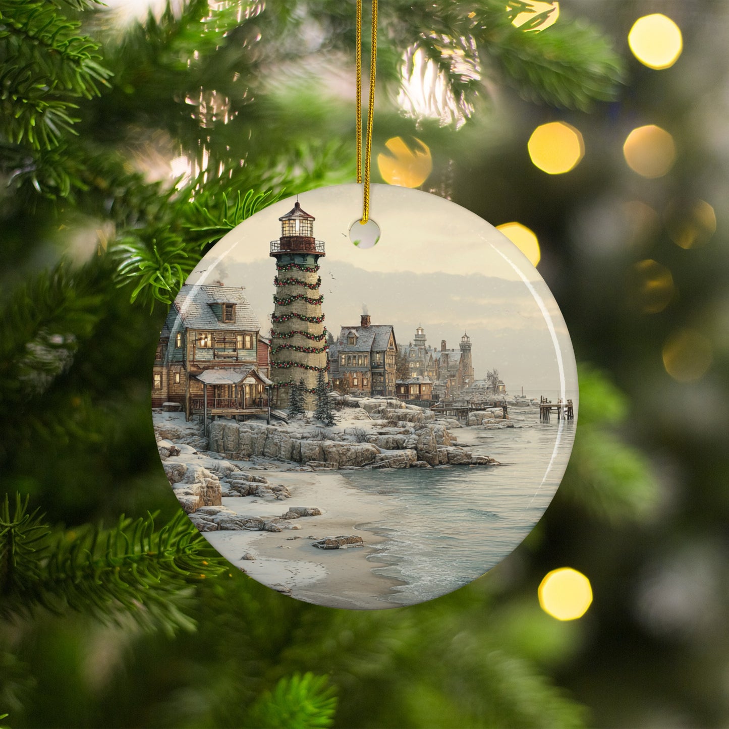 Charming Coastal Lighthouse Winter Scene Ornament