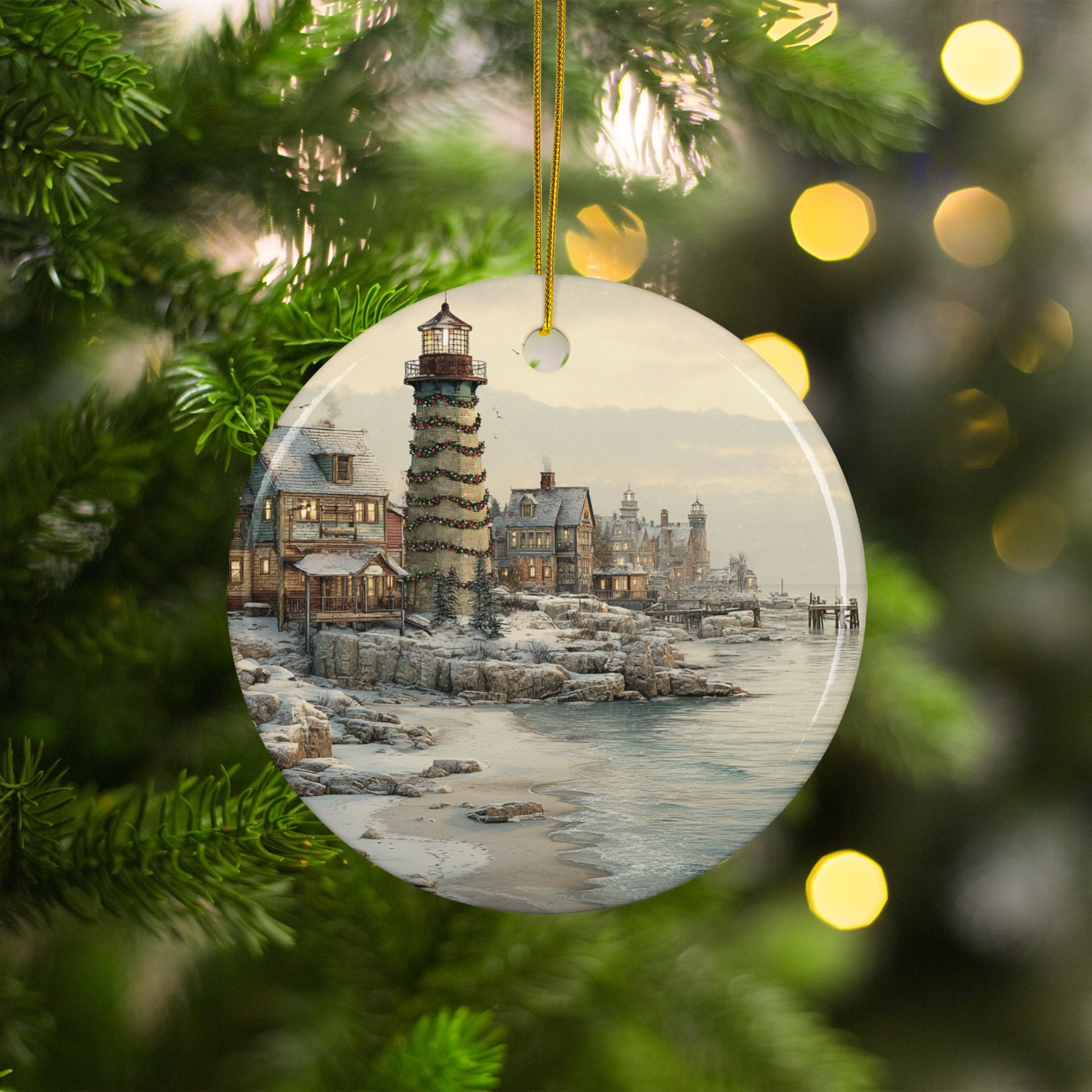Charming Coastal Lighthouse Winter Scene Ornament