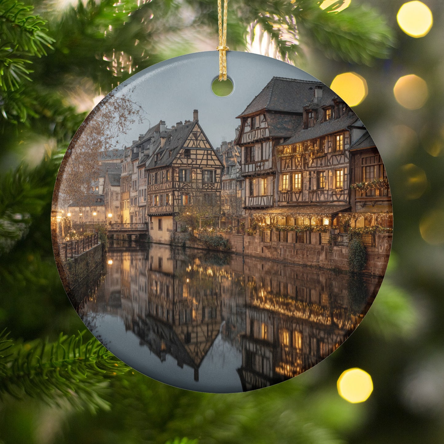 Charming Scenic European Village at Night Ornament