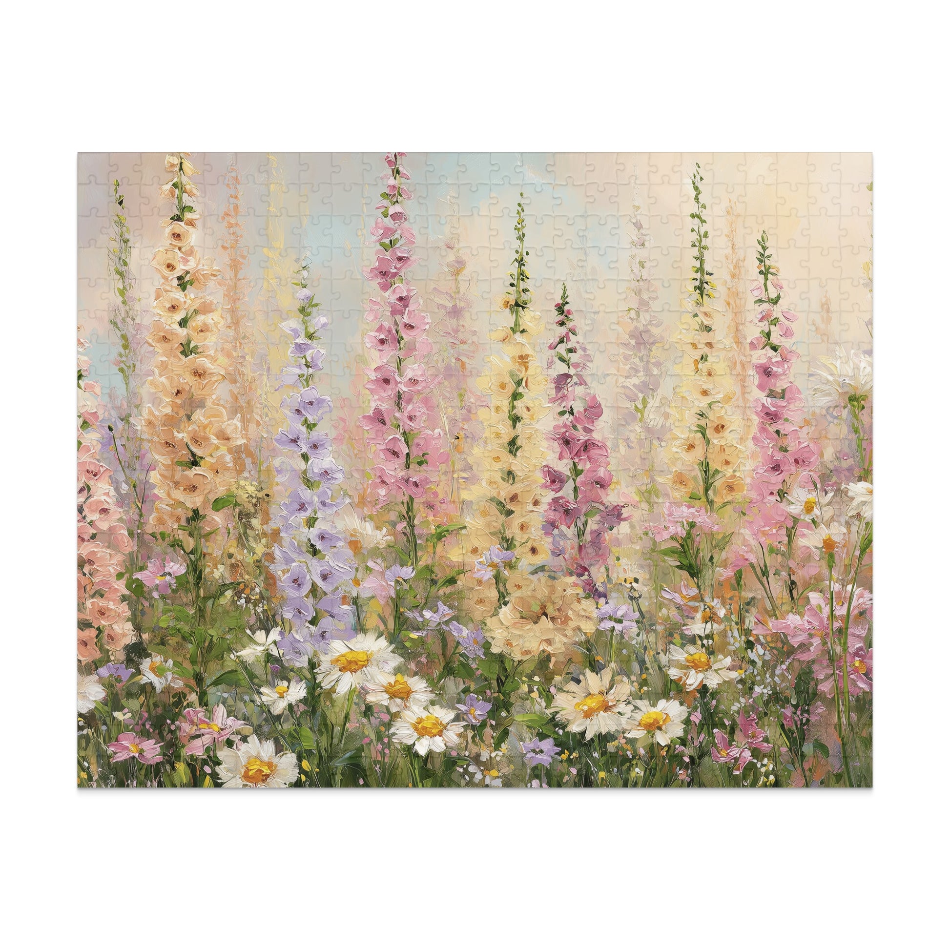 Floral painting of tall foxgloves and smaller daisies in soft pastel colors.