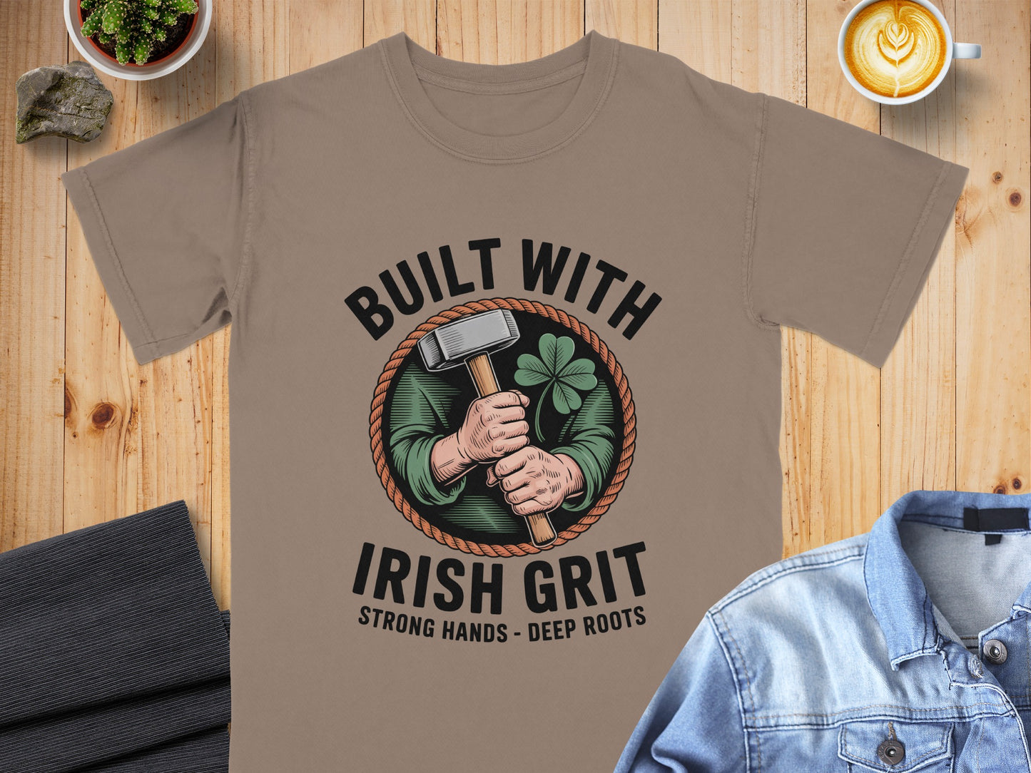 T-shirt graphic with "Built with Irish Grit Strong Hands - Deep Roots" and hammer.