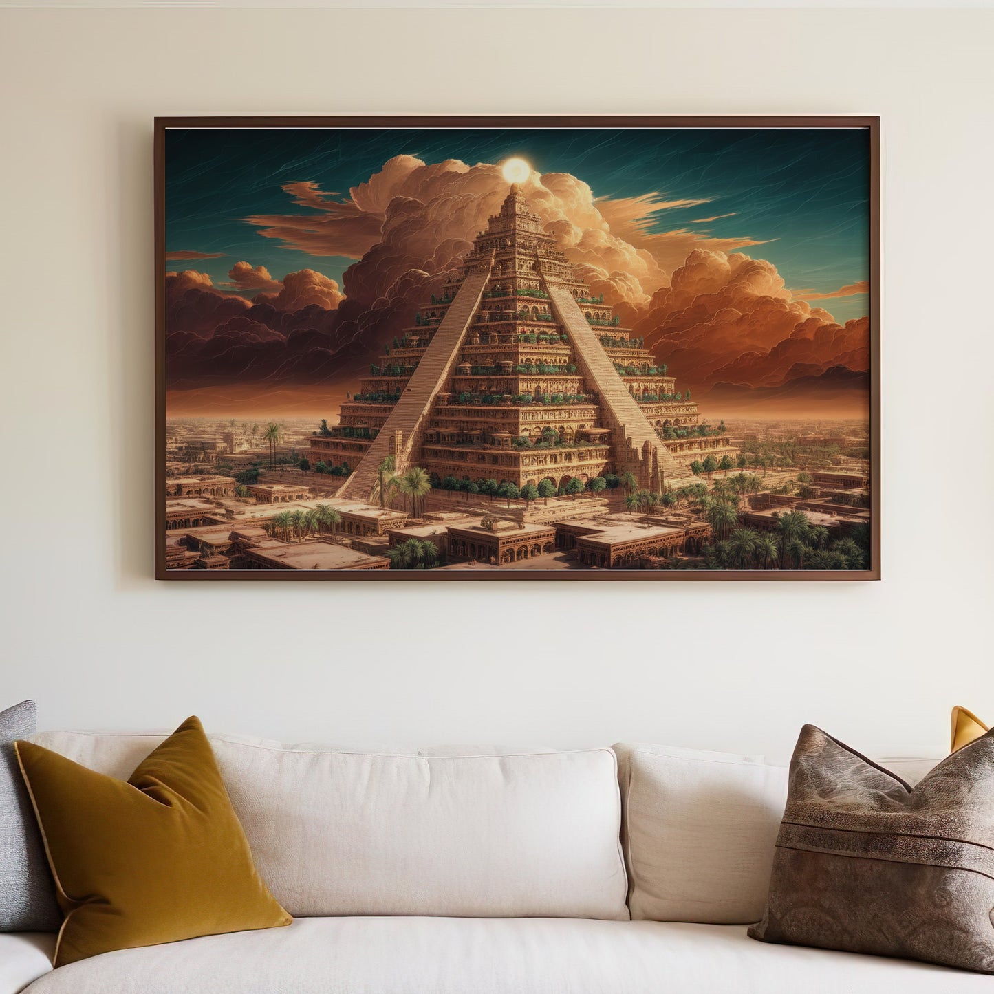 Ornate stepped pyramid with lush greenery under dramatic clouds and sun.