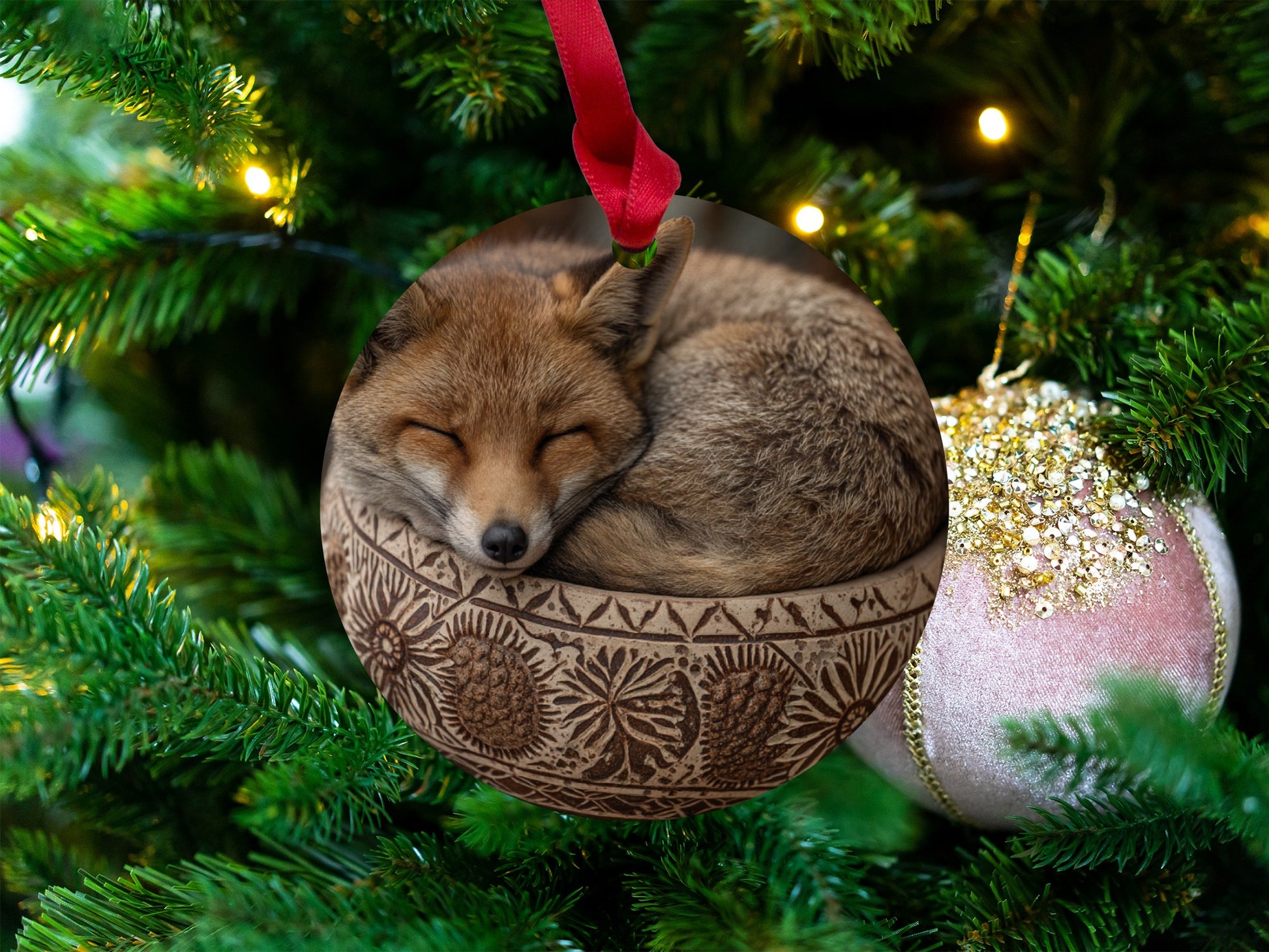 Fox Sleeping Christmas Ornament with Festive Tree Decor