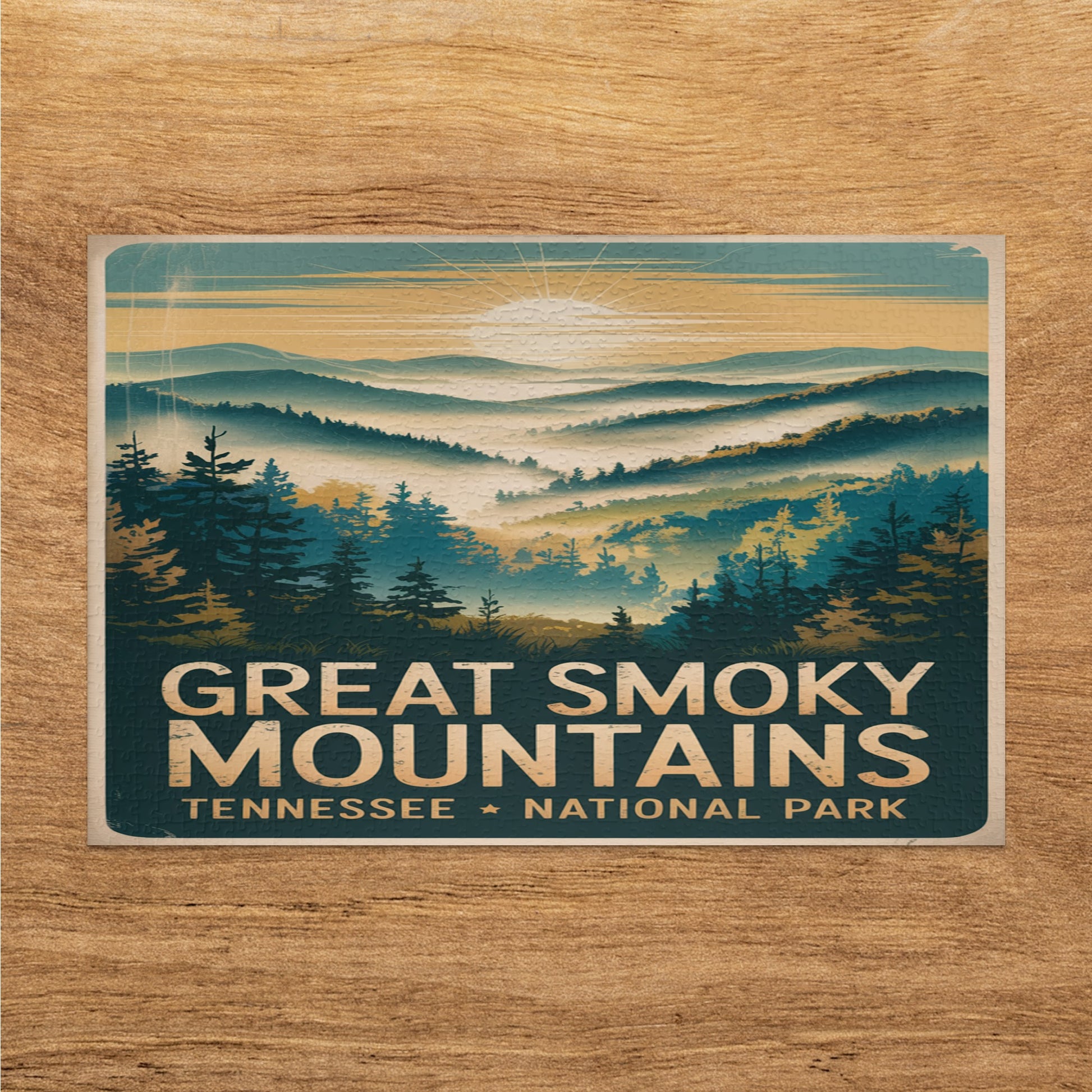 Great Smoky Mountains Tennessee National Park vintage illustration with sunrise over layered mountains.