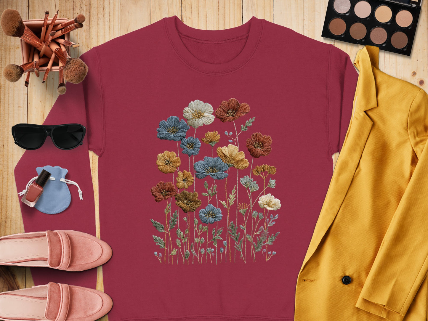 Colorful Floral Embroidered Design Long Sleeve Shirt