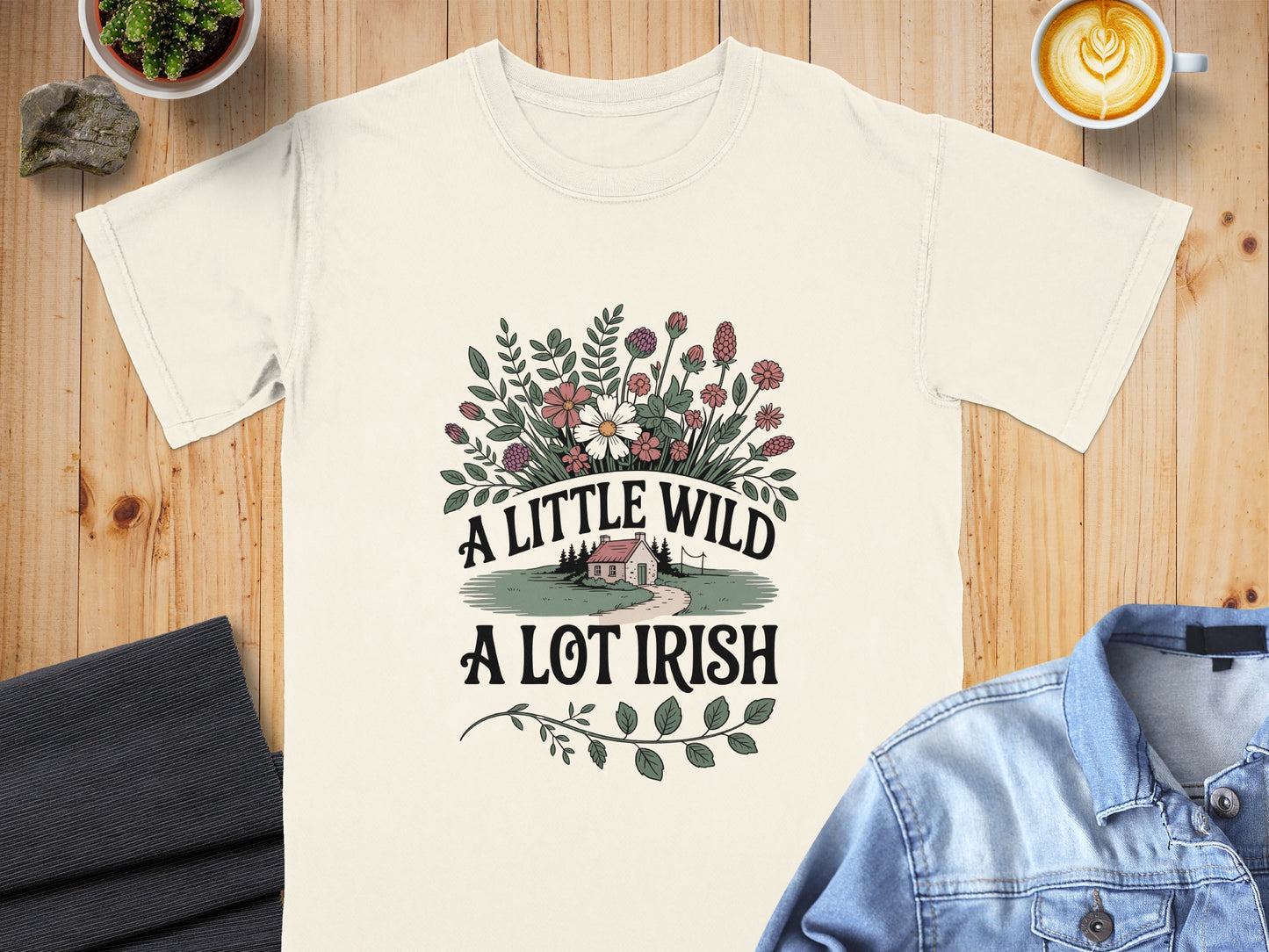 Cream t-shirt with floral graphic and text "A LITTLE WILD A LOT IRISH".