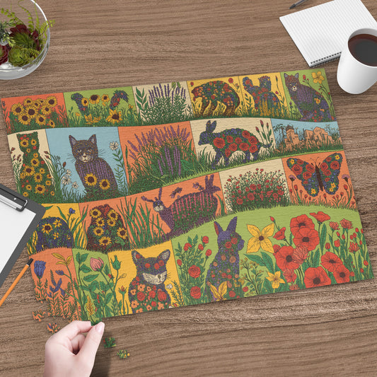 Puzzle with animal designs made of flowers, including cats, bears, and rabbits.
