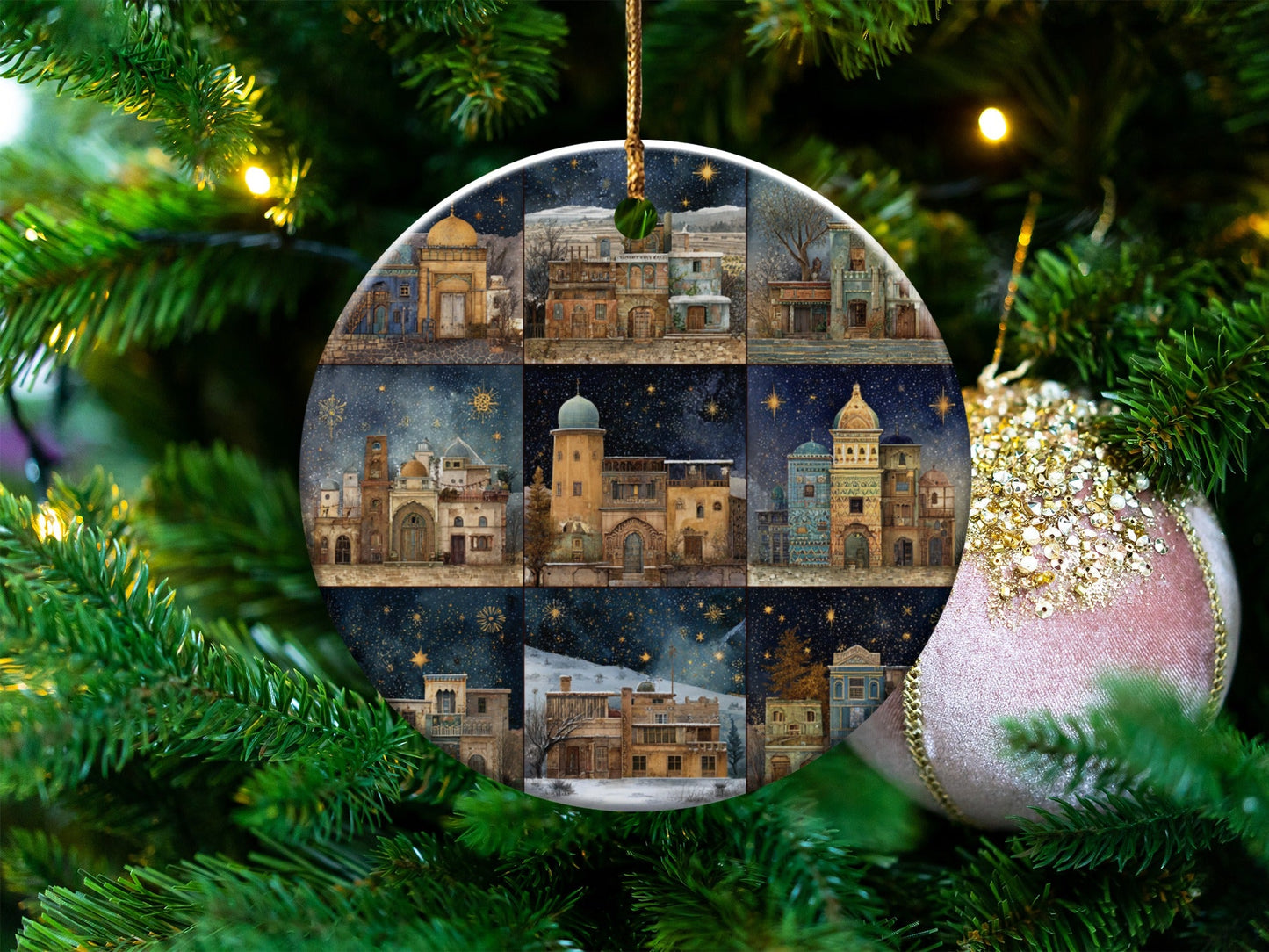 Vintage Holiday Ornament with Historic Cityscape Art