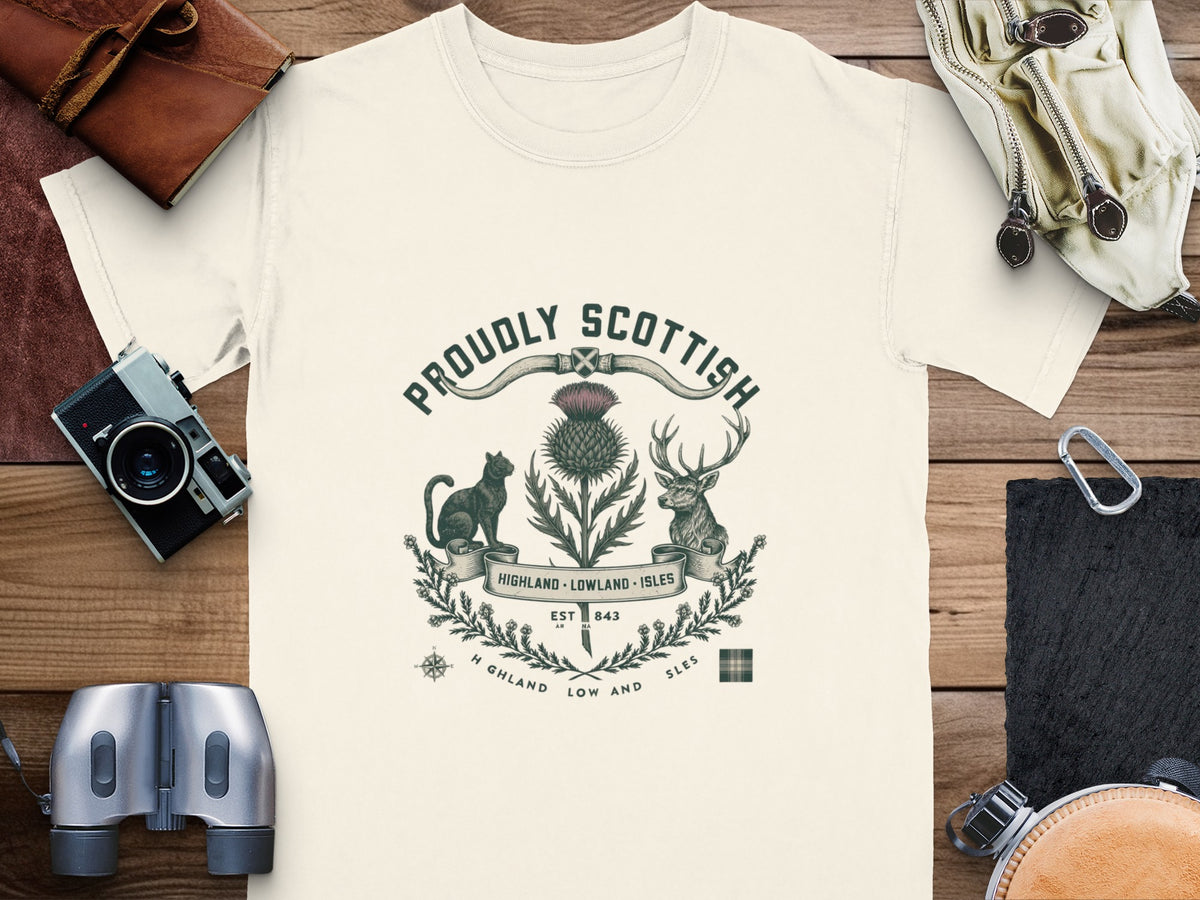 Cream t-shirt with "Proudly Scottish" text and a thistle, cat, and stag emblem.