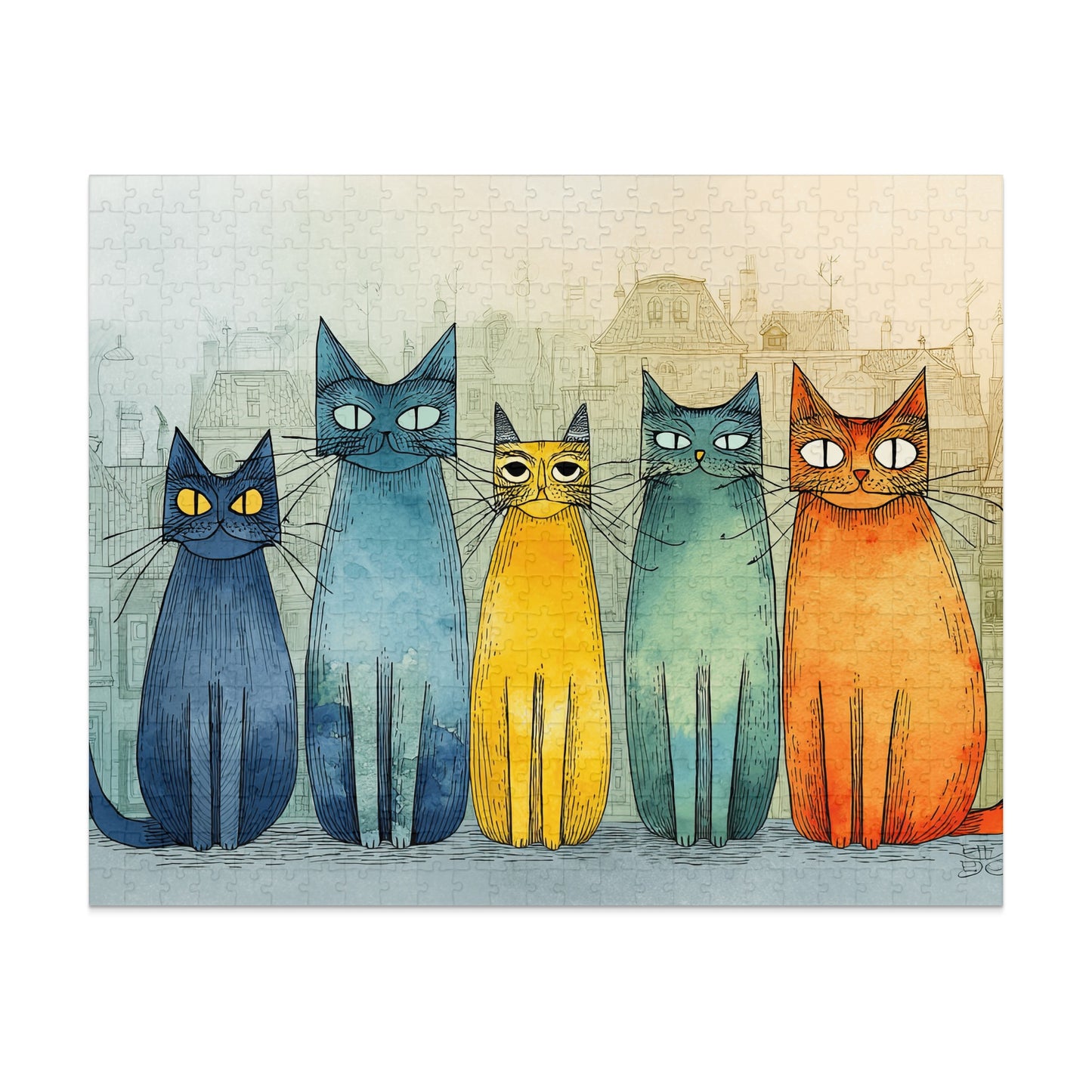 Five stylized cats in profile with a cityscape background.