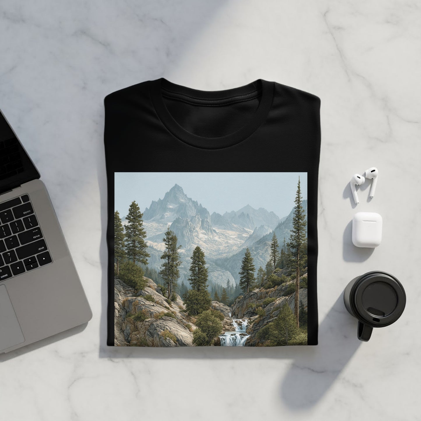 Mountain Landscape Design on Black T-Shirt