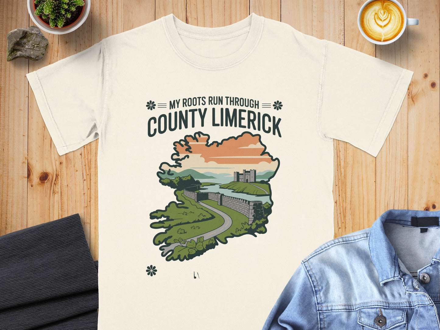 T-shirt with "My Roots Run Through County Limerick" text and castle illustration.