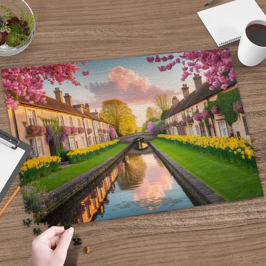 Peaceful canal scene with charming houses, a bridge, and blooming trees.