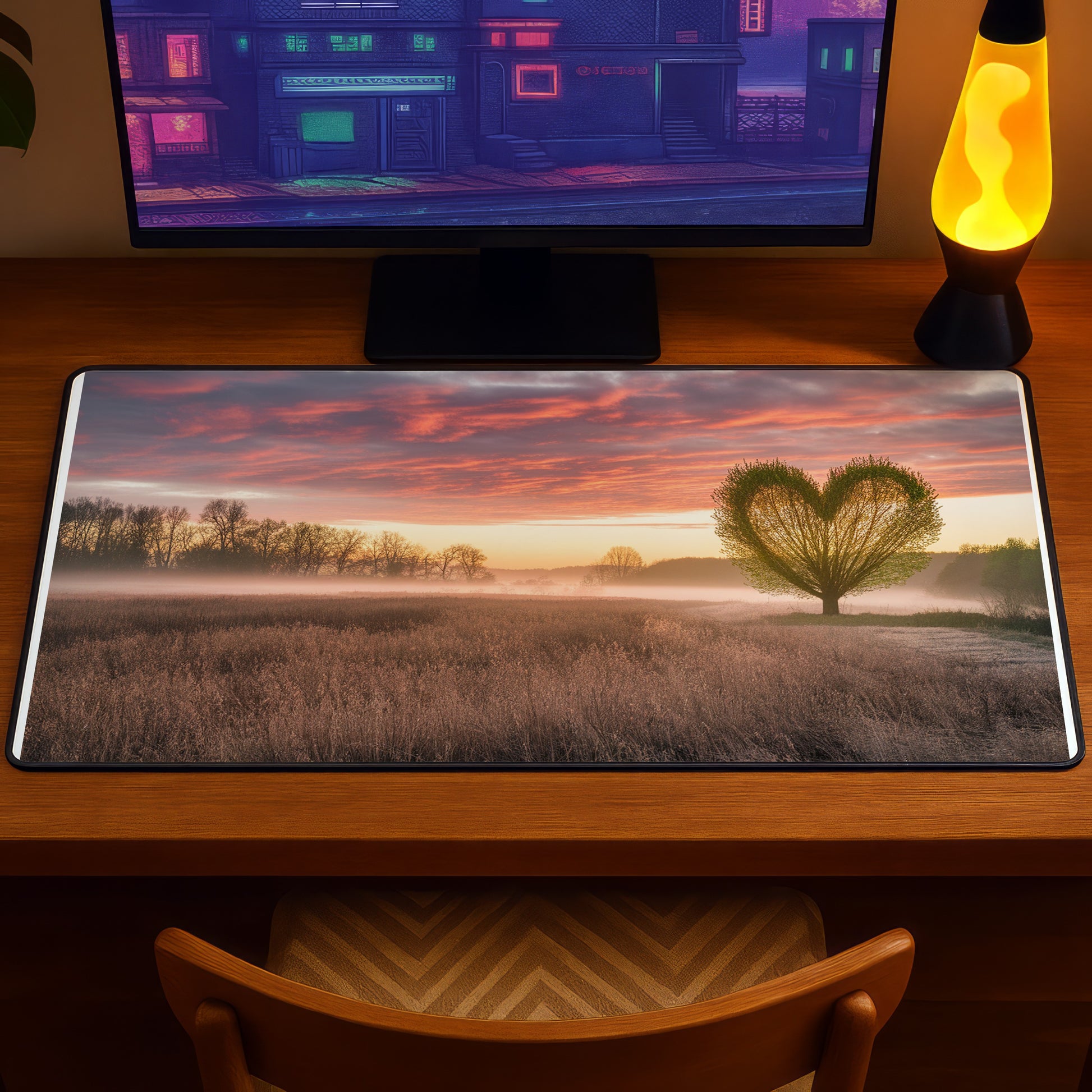 Desk mat with a heart-shaped tree during sunrise over a misty field.