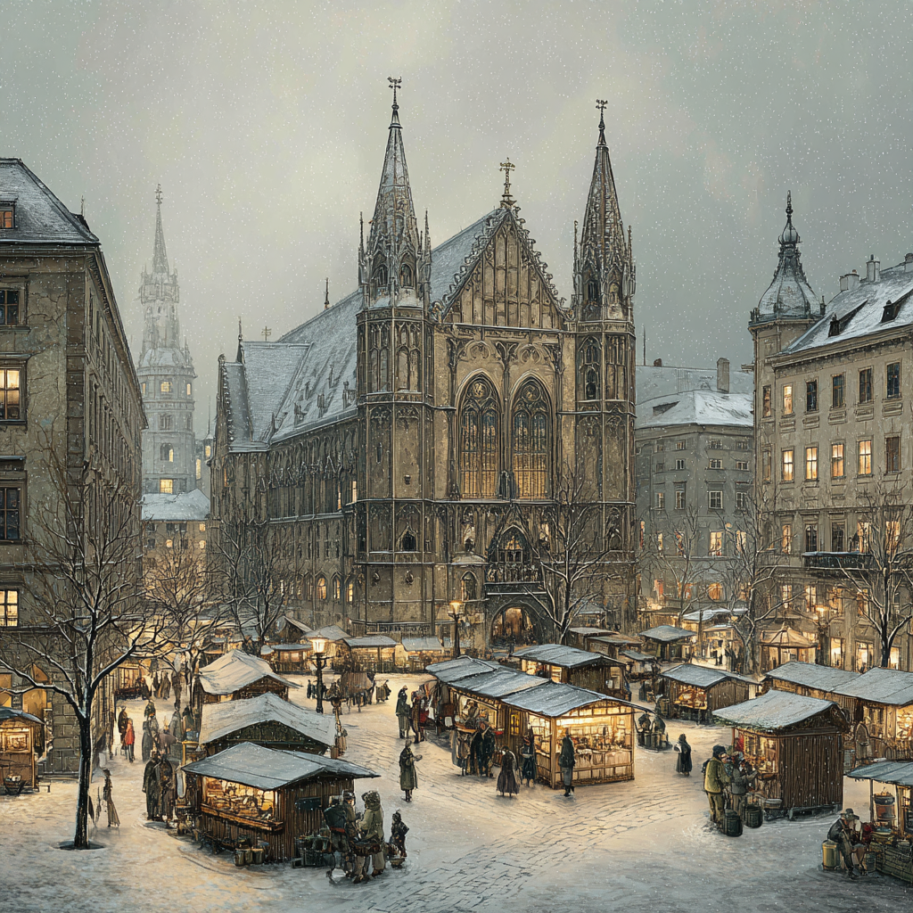 Snowy Holiday Market Scene with Historic Cathedral
