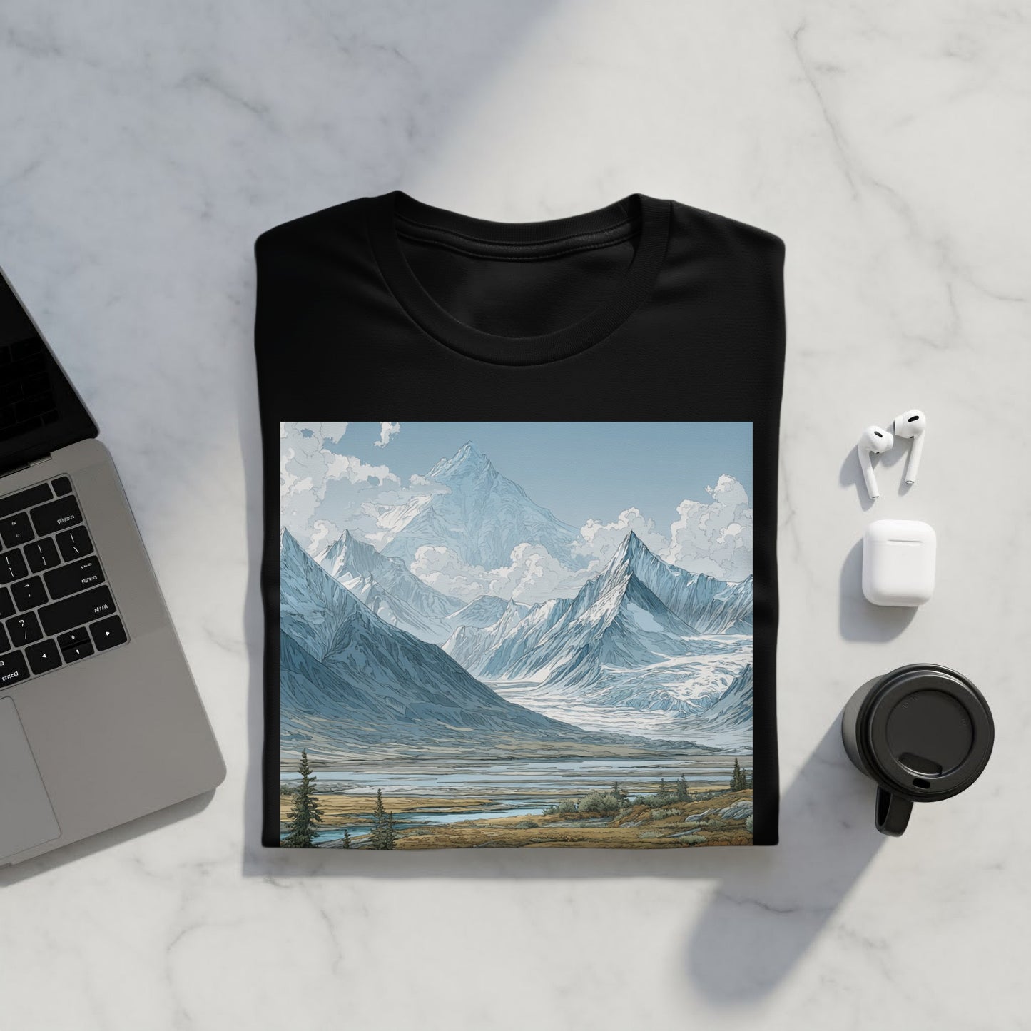 Serene Mountain Landscape Graphic T-Shirt Design