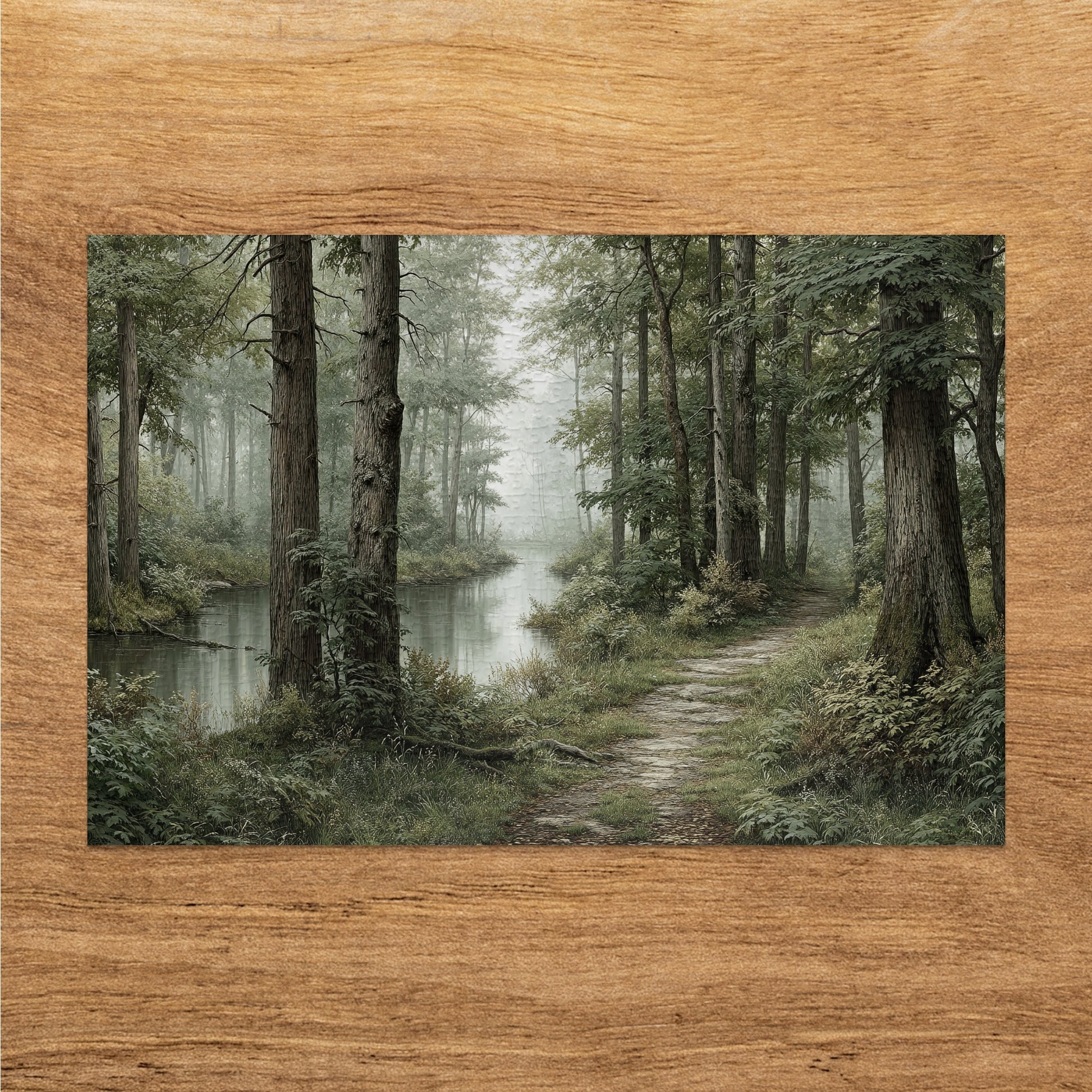Serene Forest Pathway by the River Wall Art Print