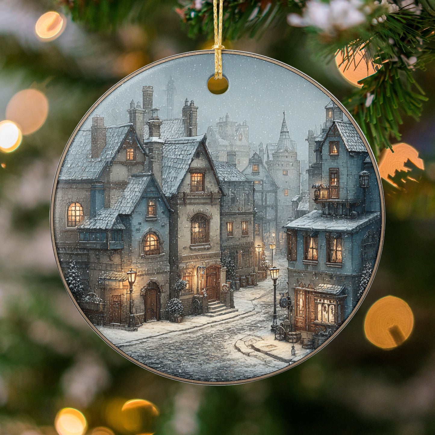Snowy Village Street Scene Christmas Ornament