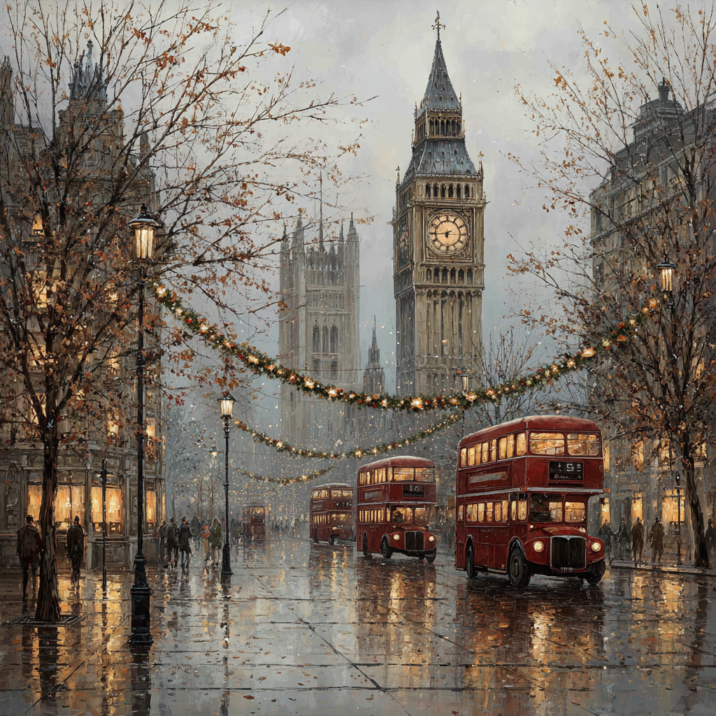Iconic London City Scene with Big Ben and Buses Canvas