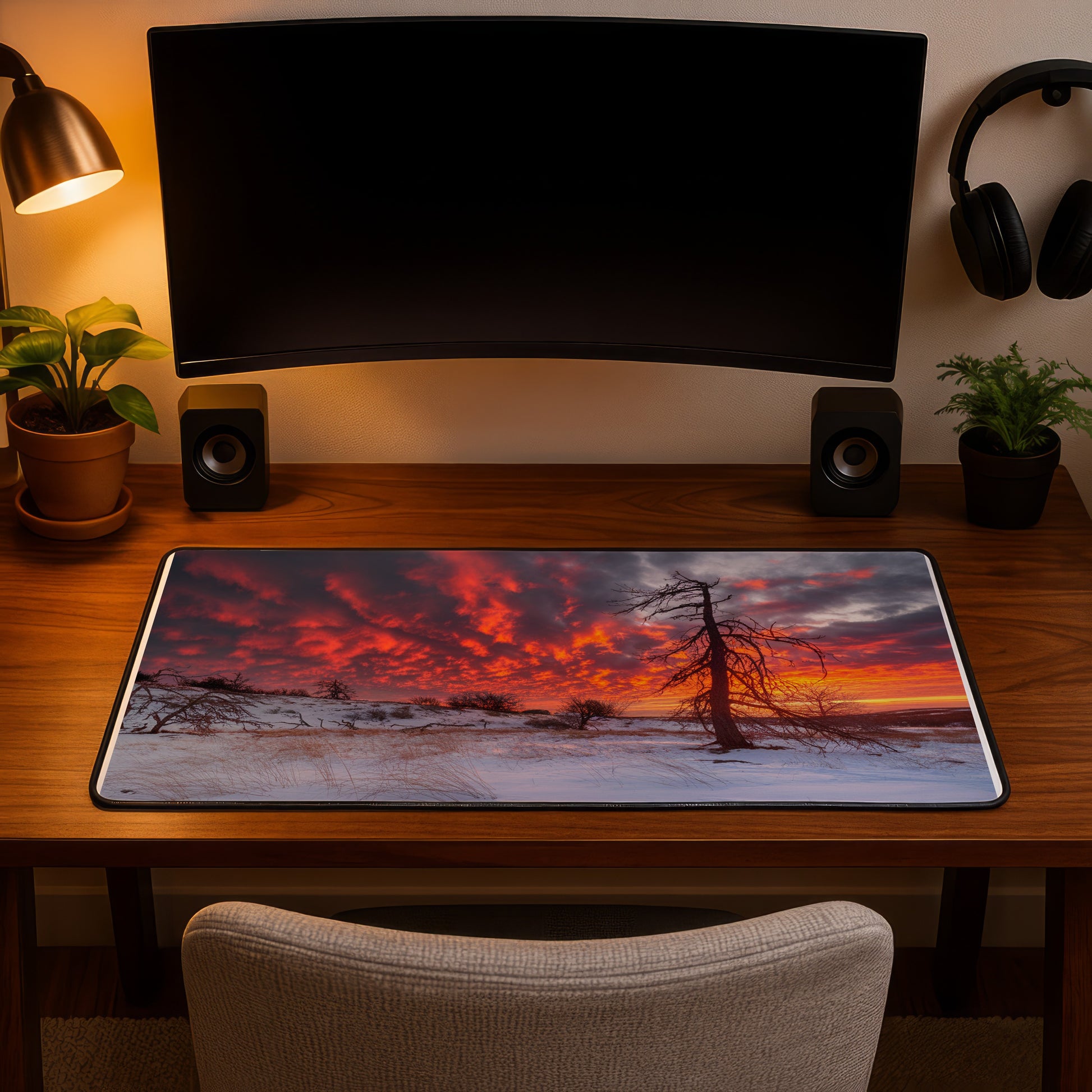 Desk mat with sunset over snowy landscape featuring silhouetted trees.